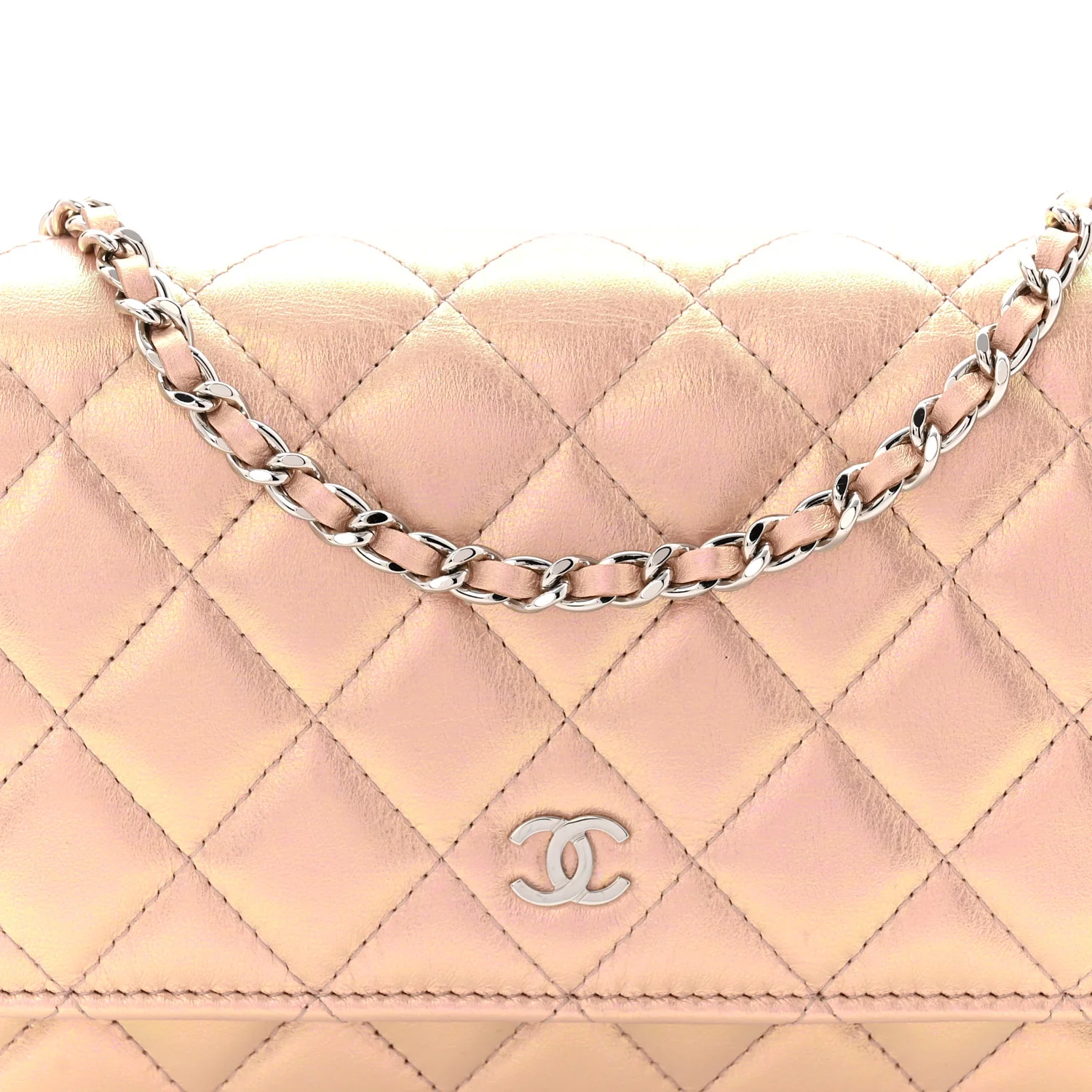 Iridescent Calfskin Quilted Wallet On Chain WOC Pink - Image 9