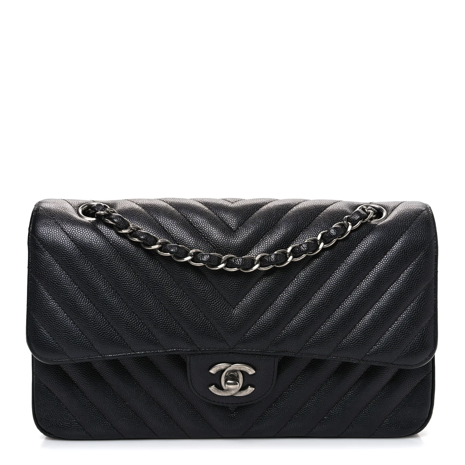 Iridescent Caviar Chevron Quilted Medium Double Flap Black