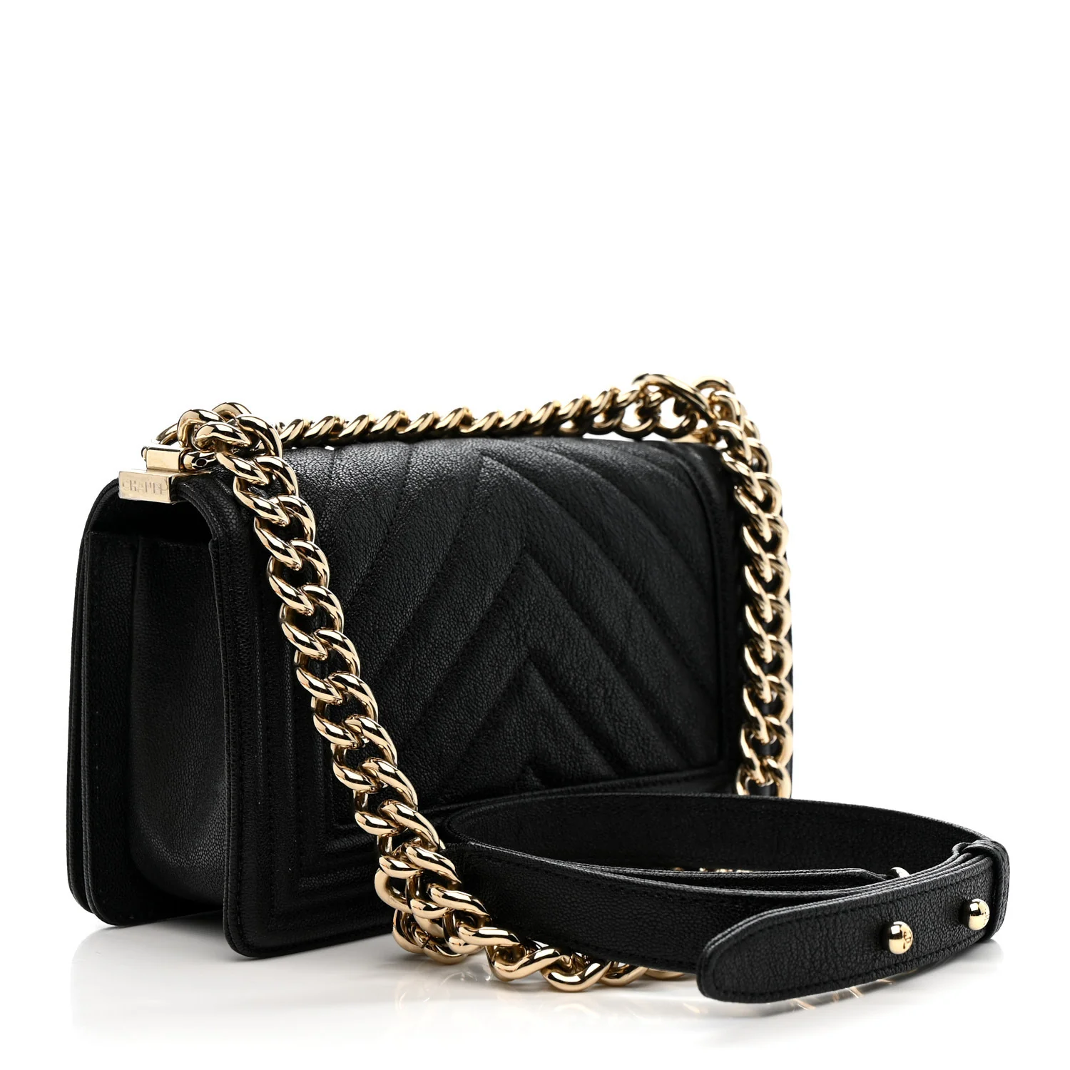 Iridescent Caviar Chevron Quilted Small Boy Flap Black - Image 3