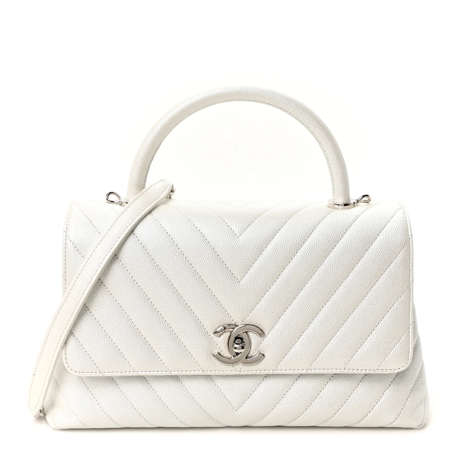 Iridescent Caviar Chevron Quilted Small Coco Handle Flap White