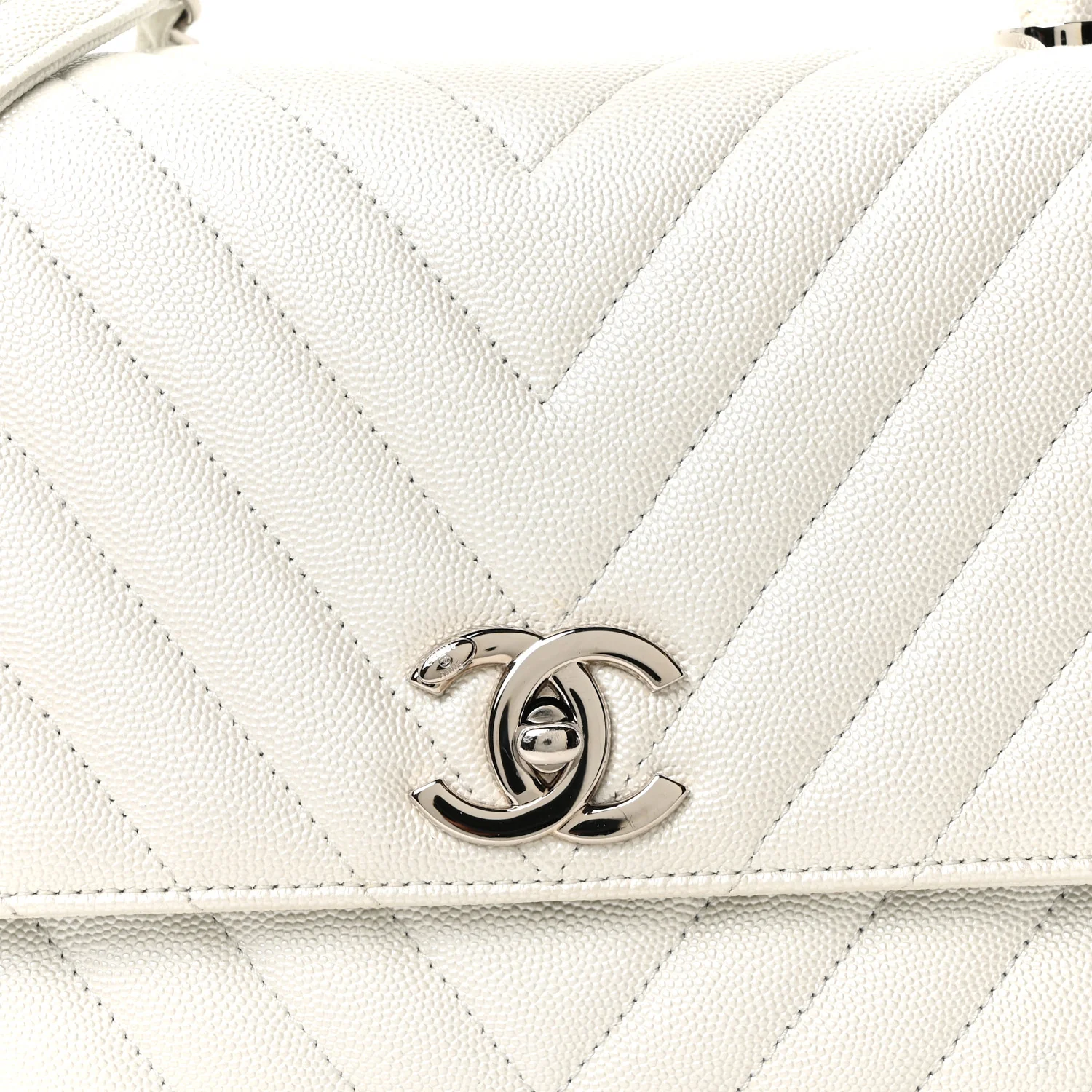 Iridescent Caviar Chevron Quilted Small Coco Handle Flap White - Image 8