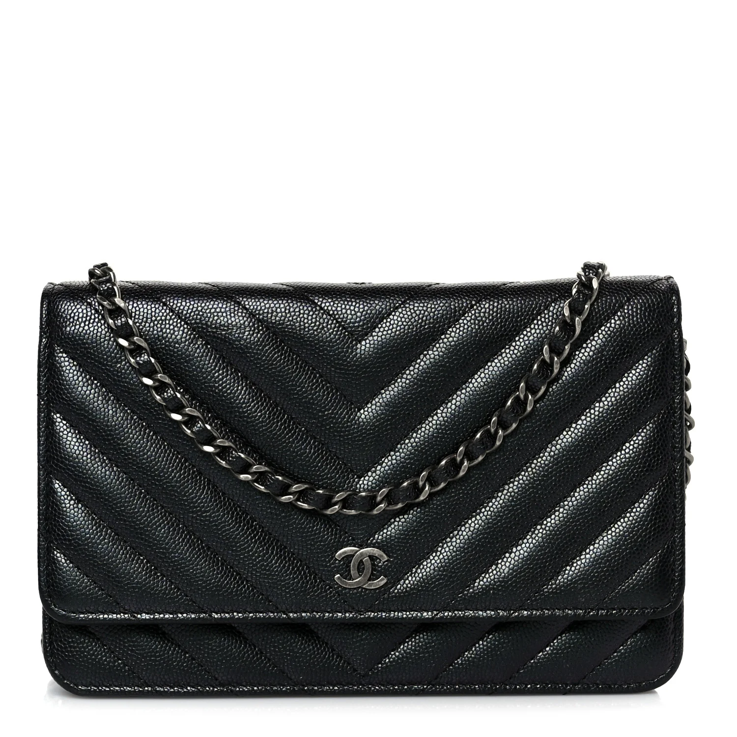 Iridescent Caviar Chevron Quilted Wallet On Chain WOC Black
