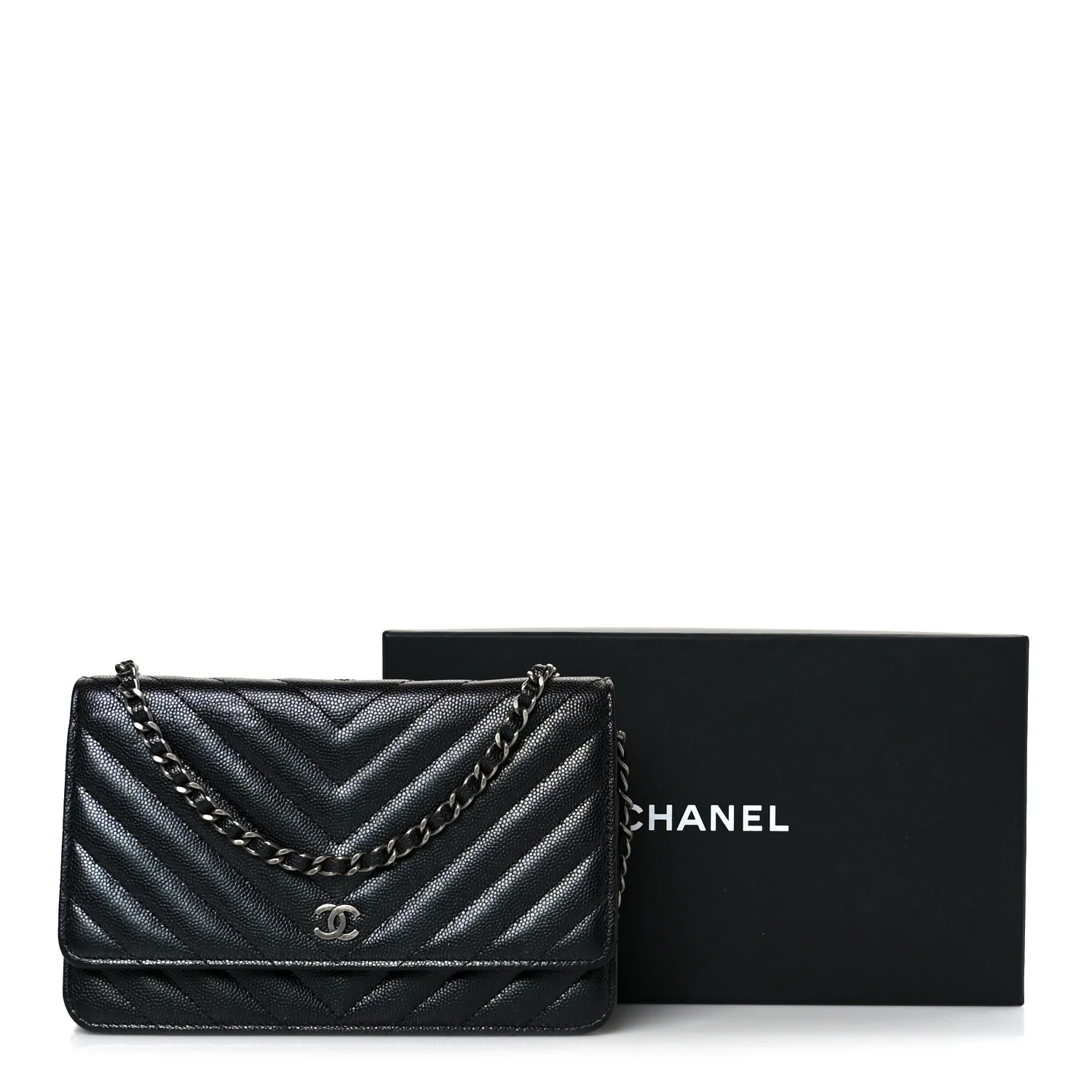 Iridescent Caviar Chevron Quilted Wallet On Chain WOC Black - Image 12