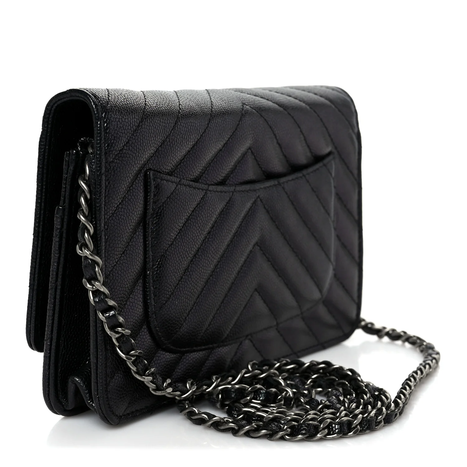 Iridescent Caviar Chevron Quilted Wallet On Chain WOC Black - Image 3