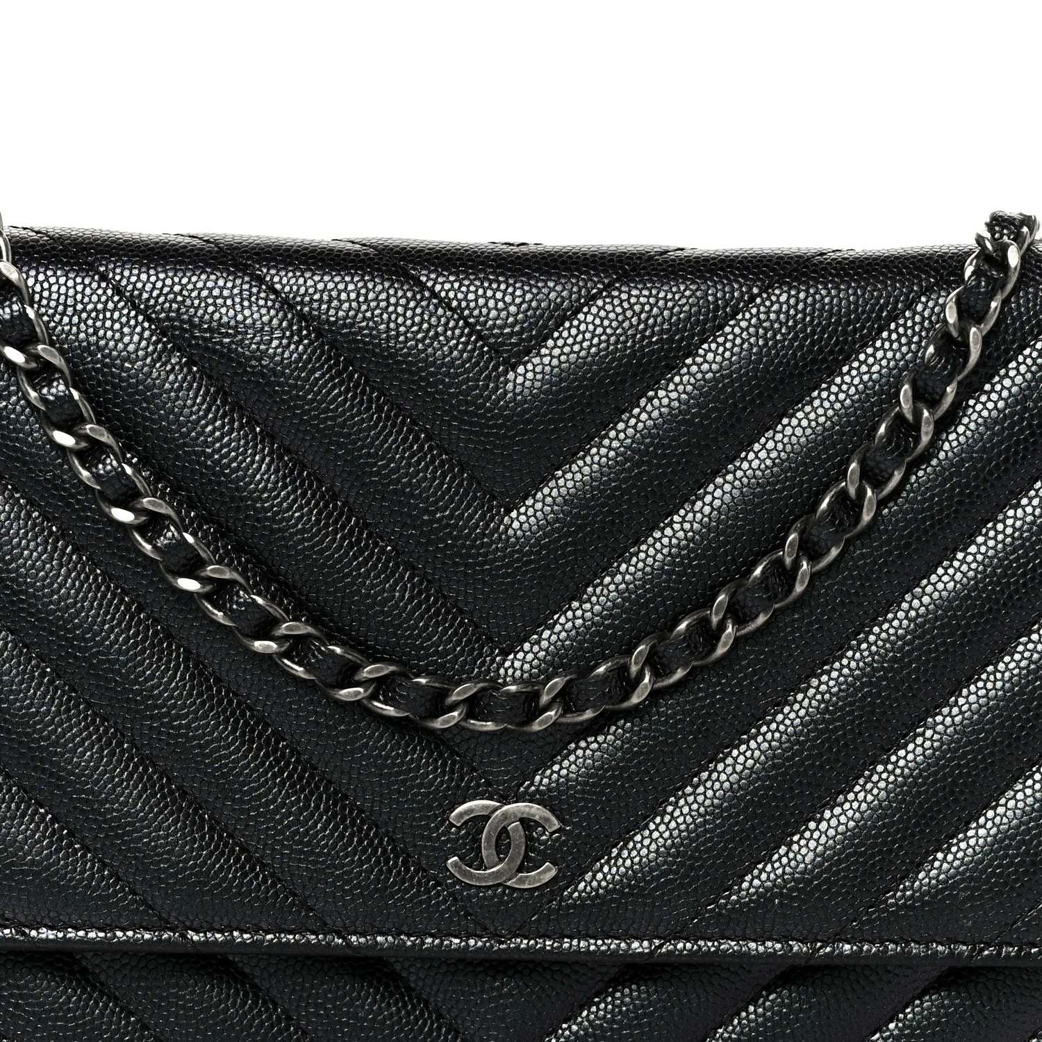 Iridescent Caviar Chevron Quilted Wallet On Chain WOC Black - Image 9