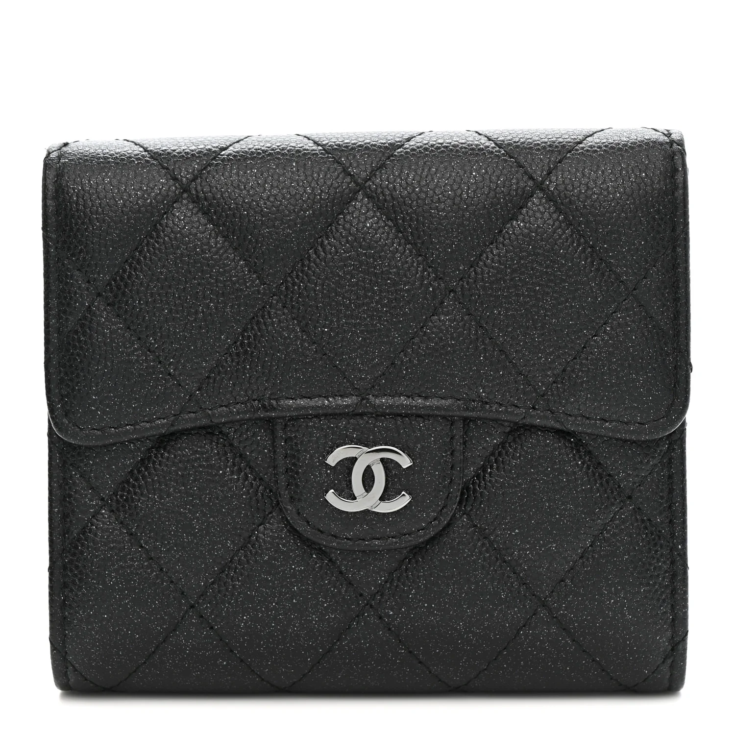 Iridescent Caviar Quilted Compact Flap Wallet Black