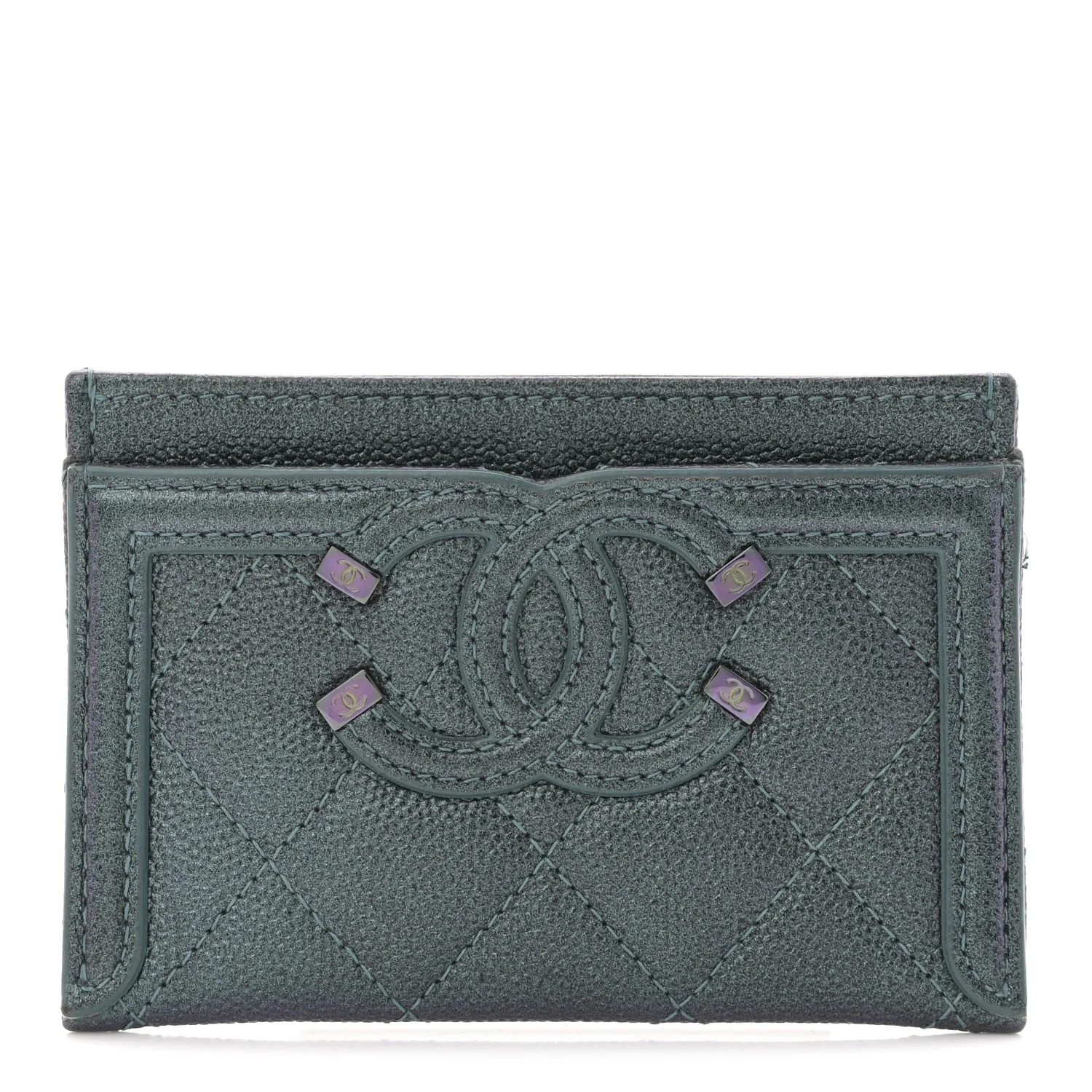 Iridescent Caviar Quilted Filigree Card Holder Dark Turquoise