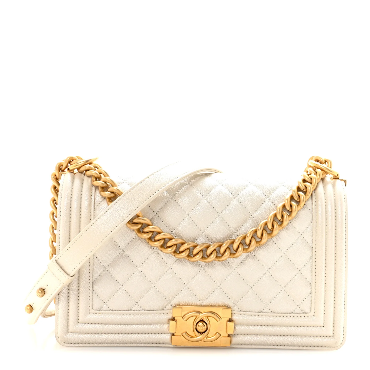 Iridescent Caviar Quilted Medium Boy Flap White