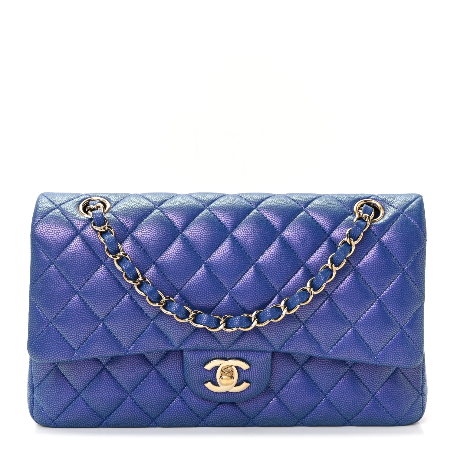 Iridescent Caviar Quilted Medium Double Flap Blue