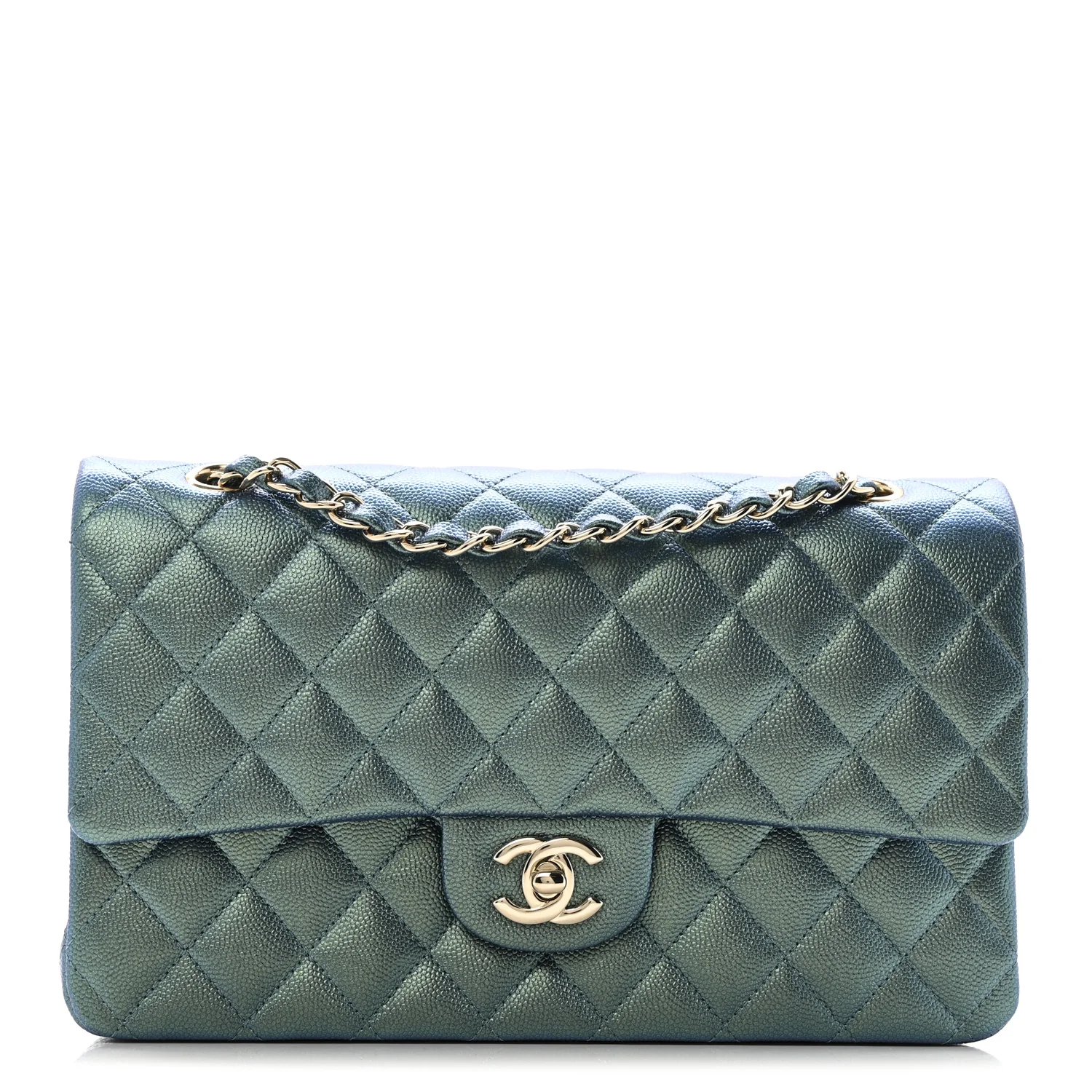Iridescent Caviar Quilted Medium Double Flap Green