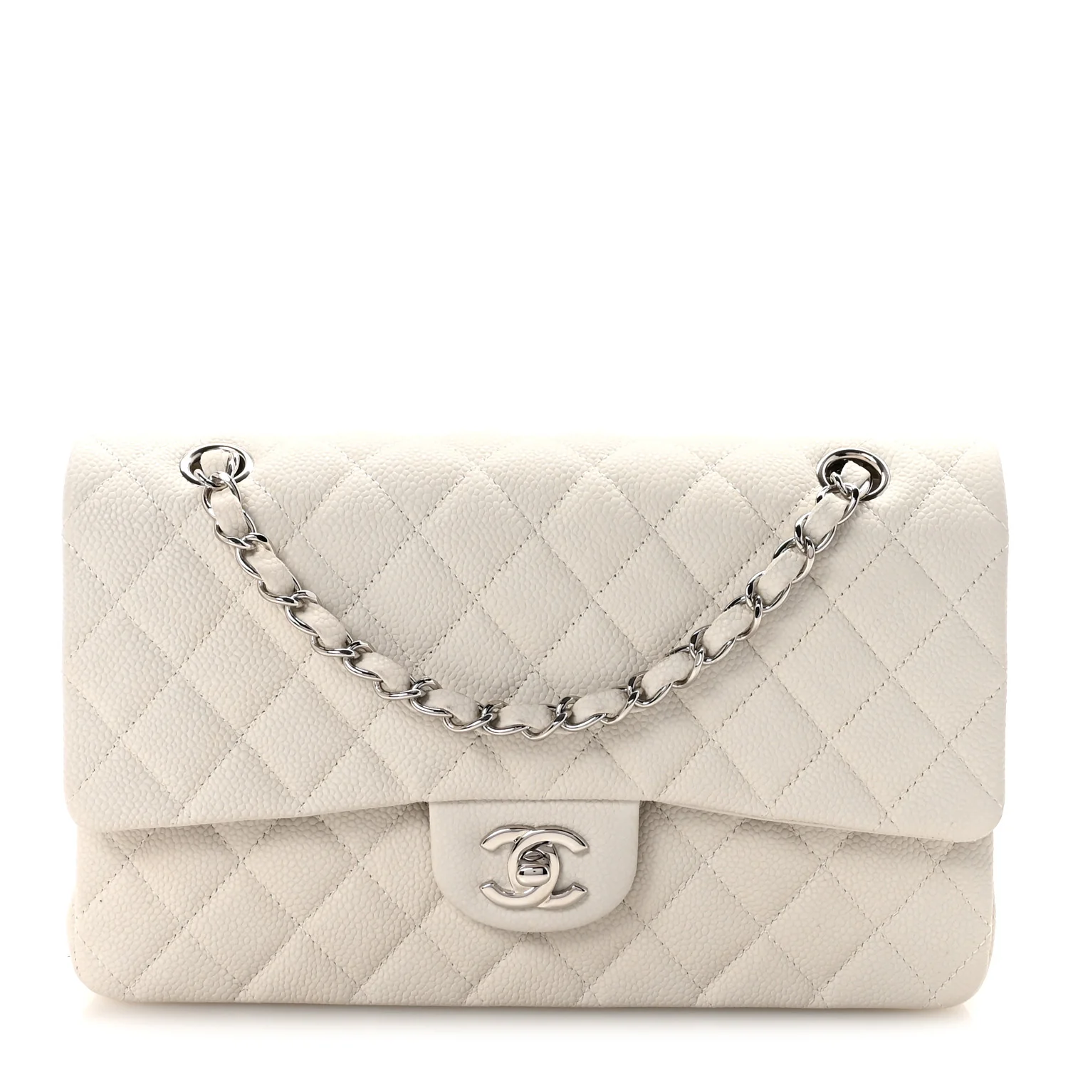 Iridescent Caviar Quilted Medium Double Flap Off White