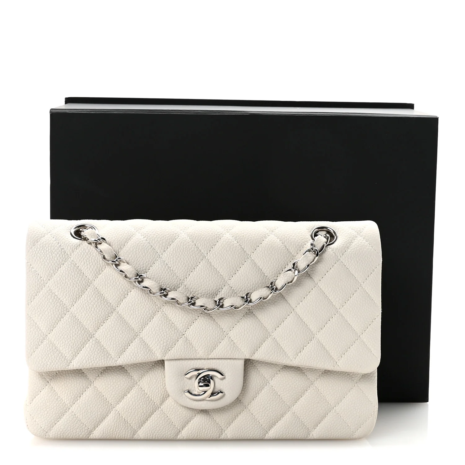 Iridescent Caviar Quilted Medium Double Flap Off White - Image 11
