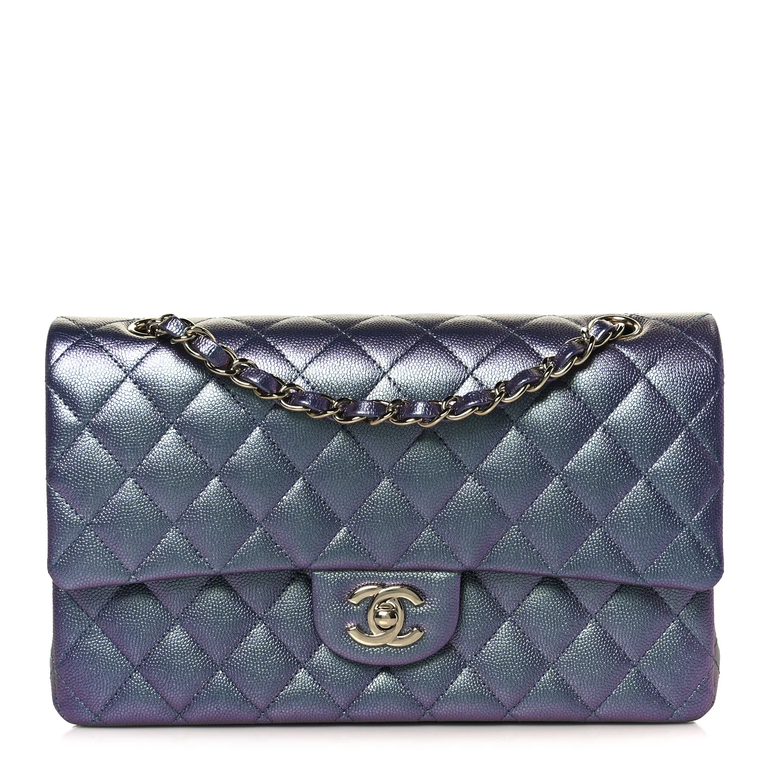 Iridescent Caviar Quilted Medium Double Flap Purple
