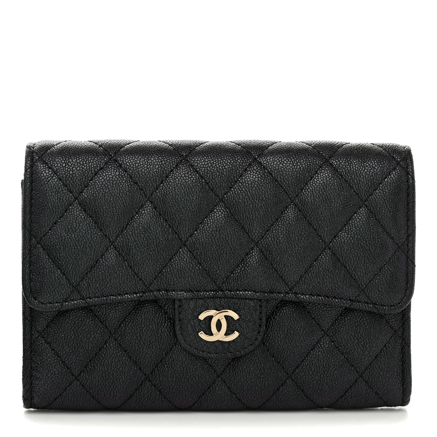 Iridescent Caviar Quilted Medium Flap Wallet Black