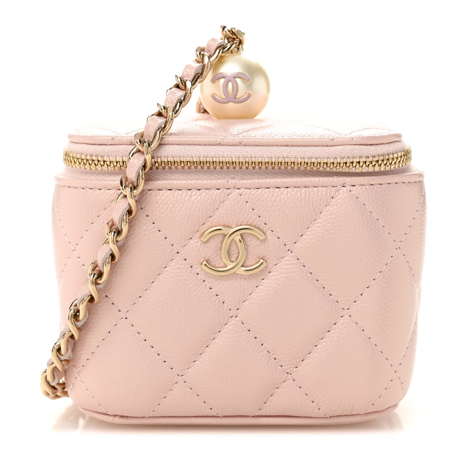 Iridescent Caviar Quilted Mini Pearl On Top Vanity Case With Chain Light Pink
