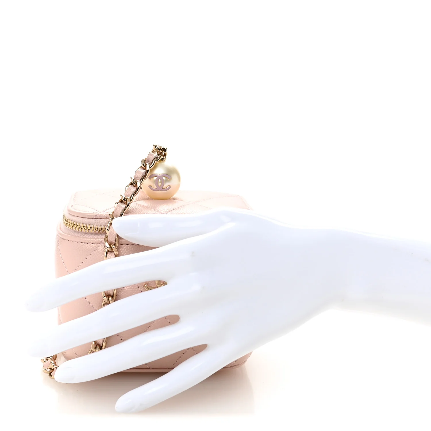 Iridescent Caviar Quilted Mini Pearl On Top Vanity Case With Chain Light Pink - Image 2