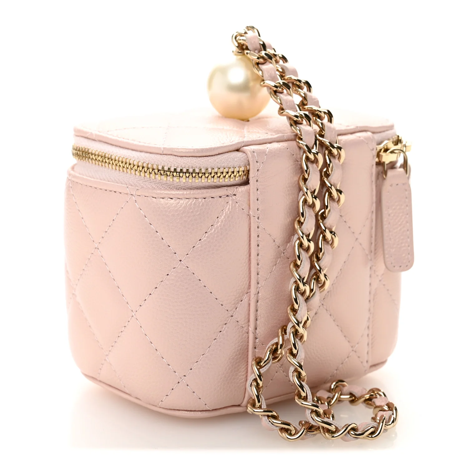 Iridescent Caviar Quilted Mini Pearl On Top Vanity Case With Chain Light Pink - Image 3