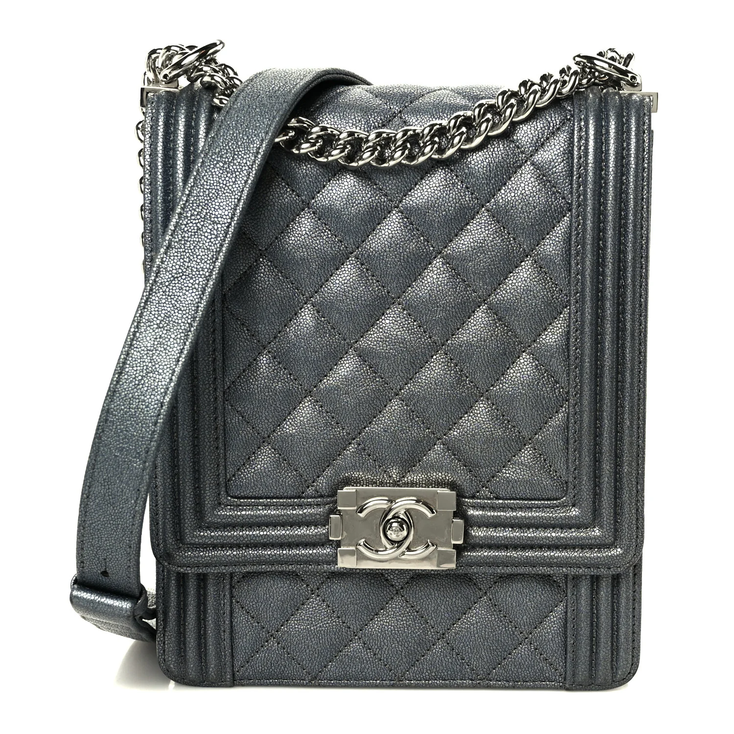 Iridescent Caviar Quilted North South Boy Flap Silver - Image 2