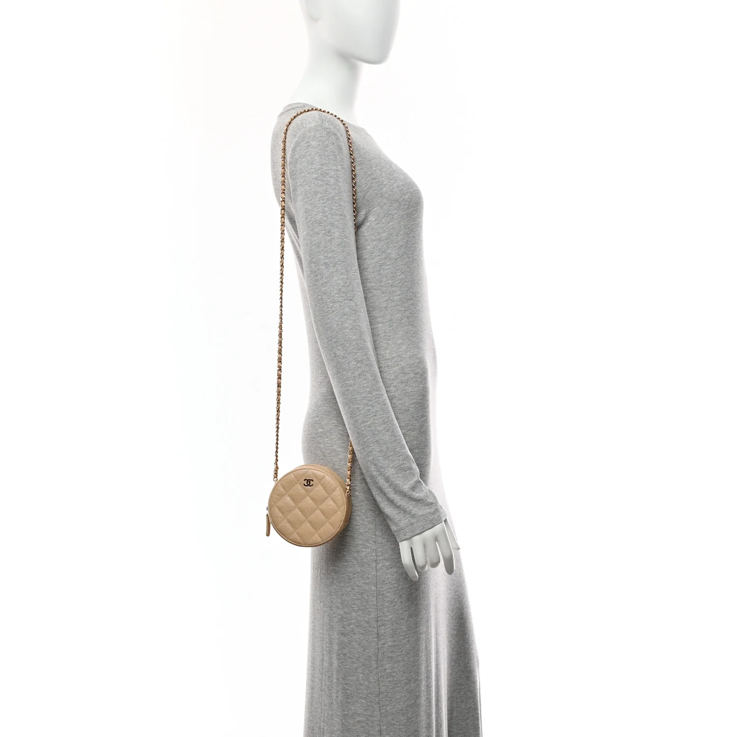 Iridescent Caviar Quilted Round Clutch With Chain Beige - Image 2