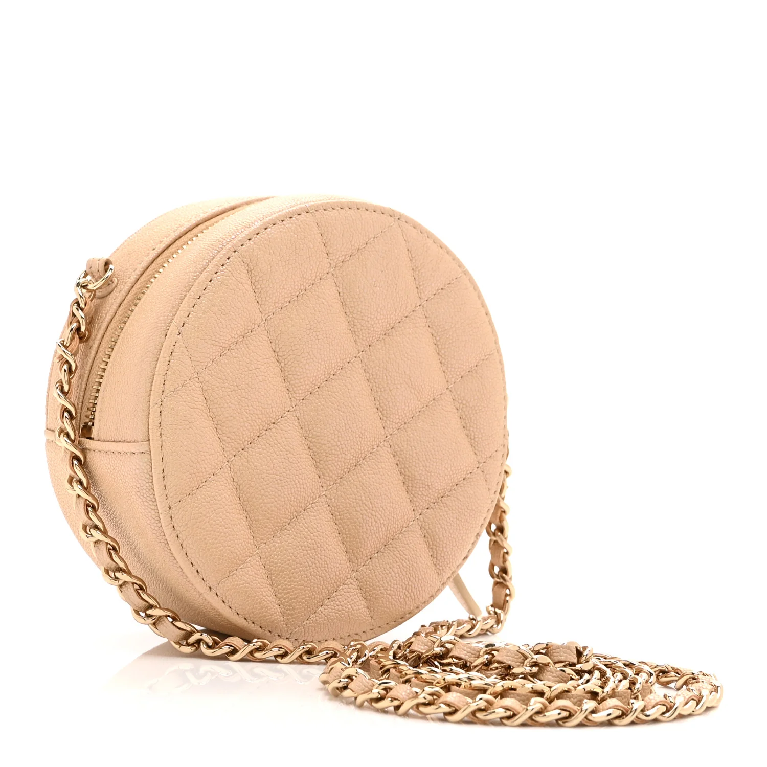 Iridescent Caviar Quilted Round Clutch With Chain Beige - Image 3