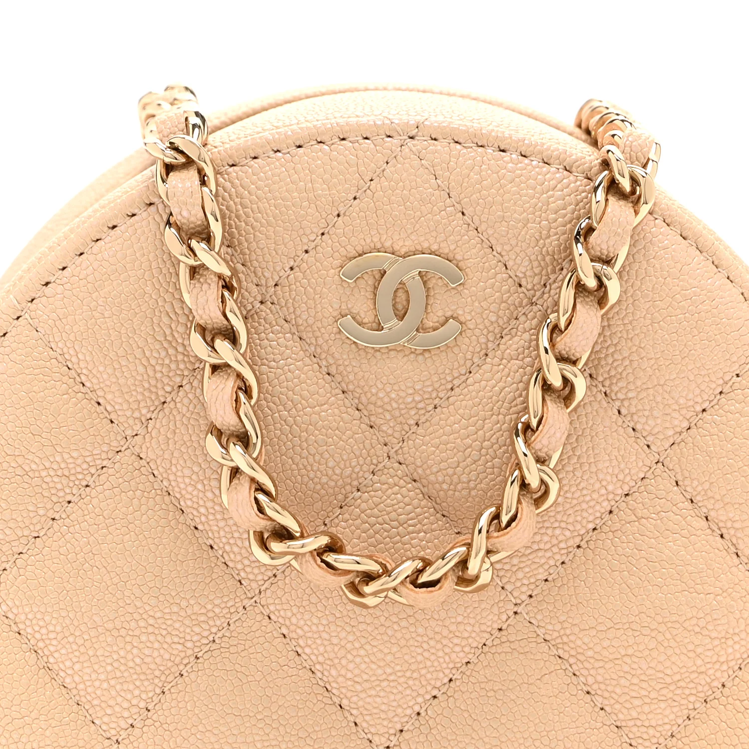 Iridescent Caviar Quilted Round Clutch With Chain Beige - Image 8