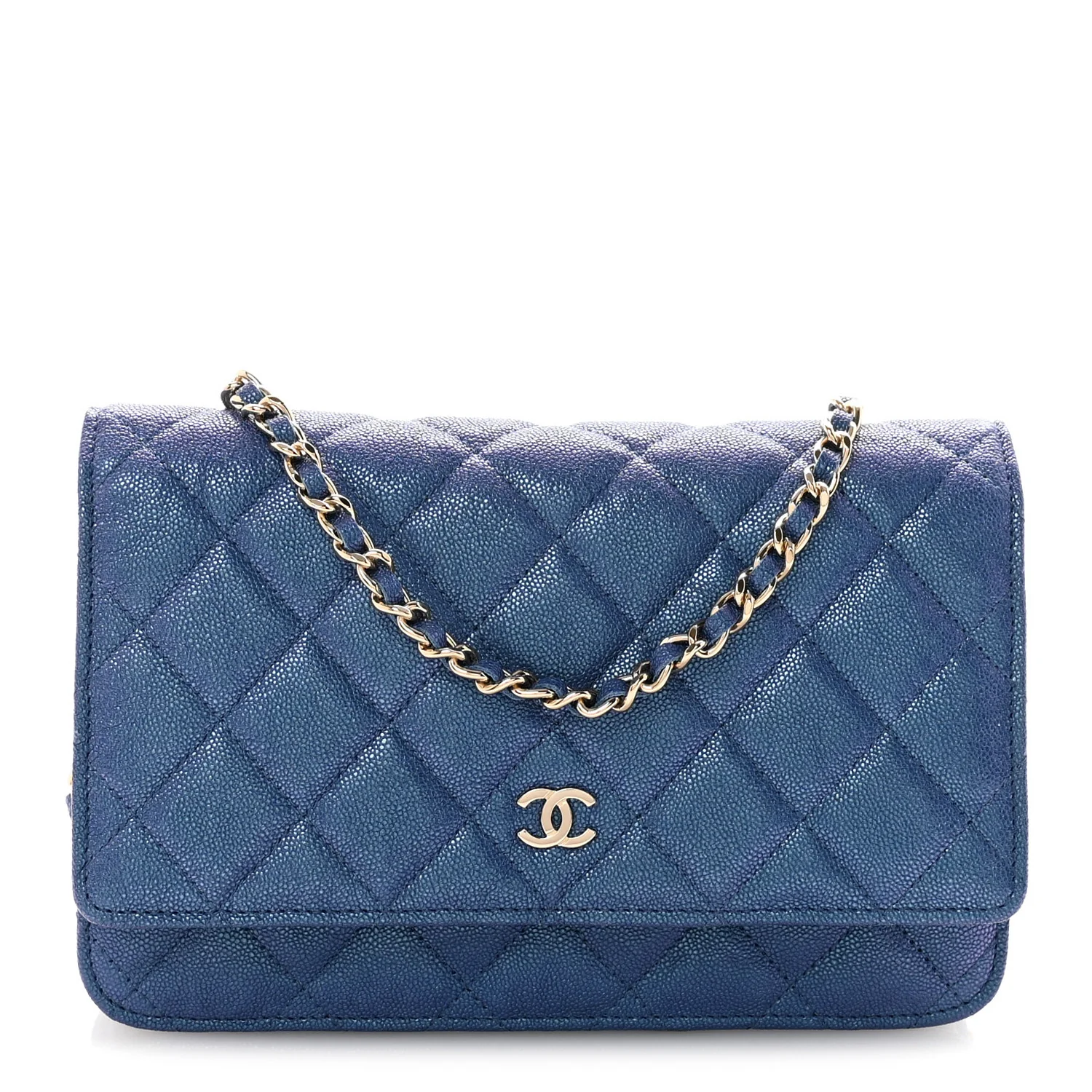 Iridescent Caviar Quilted Wallet on Chain WOC Dark Blue