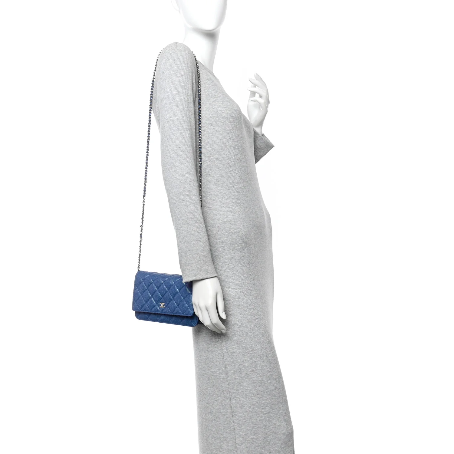 Iridescent Caviar Quilted Wallet on Chain WOC Dark Blue - Image 2