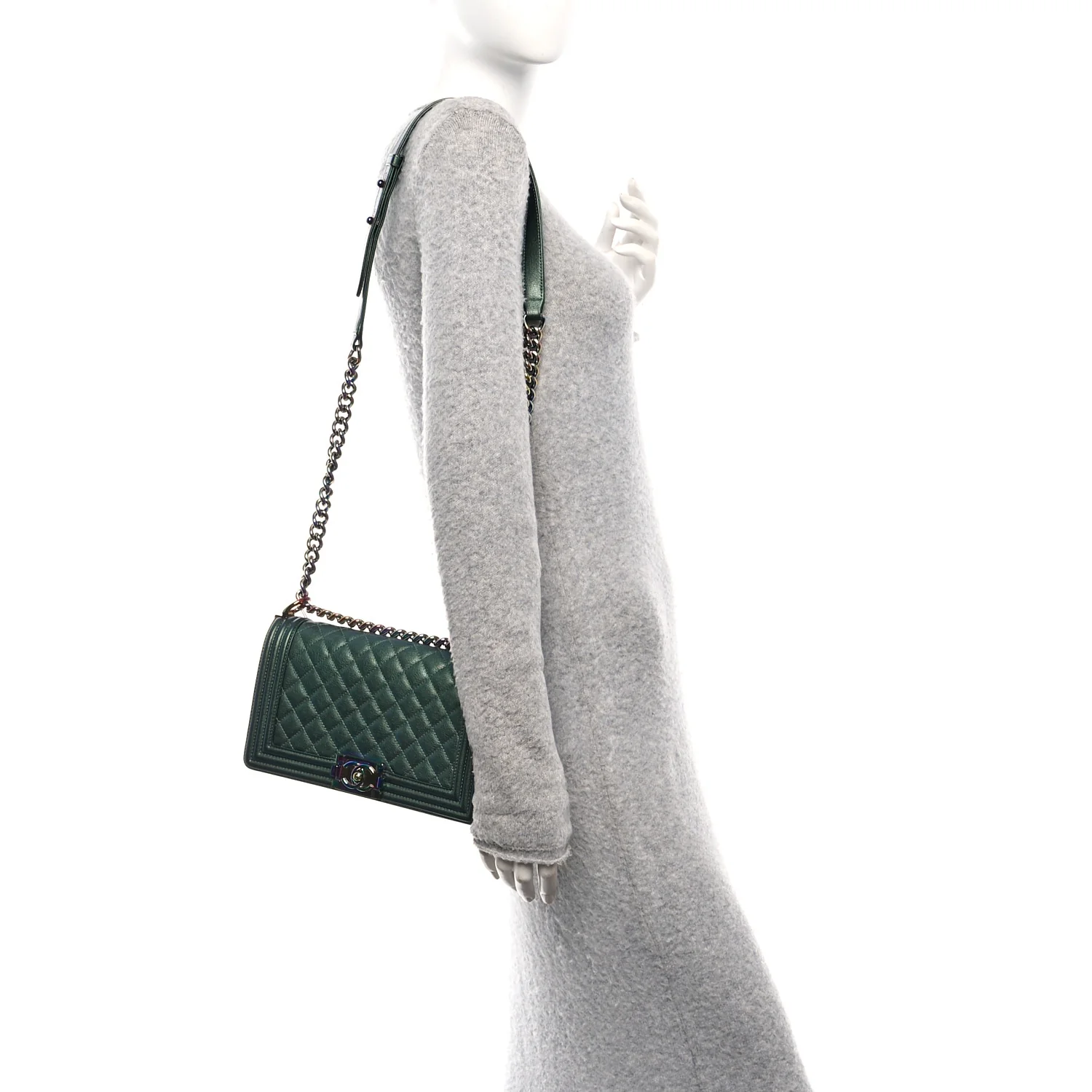 Iridescent Goatskin Quilted Medium Boy Flap Green - Image 2