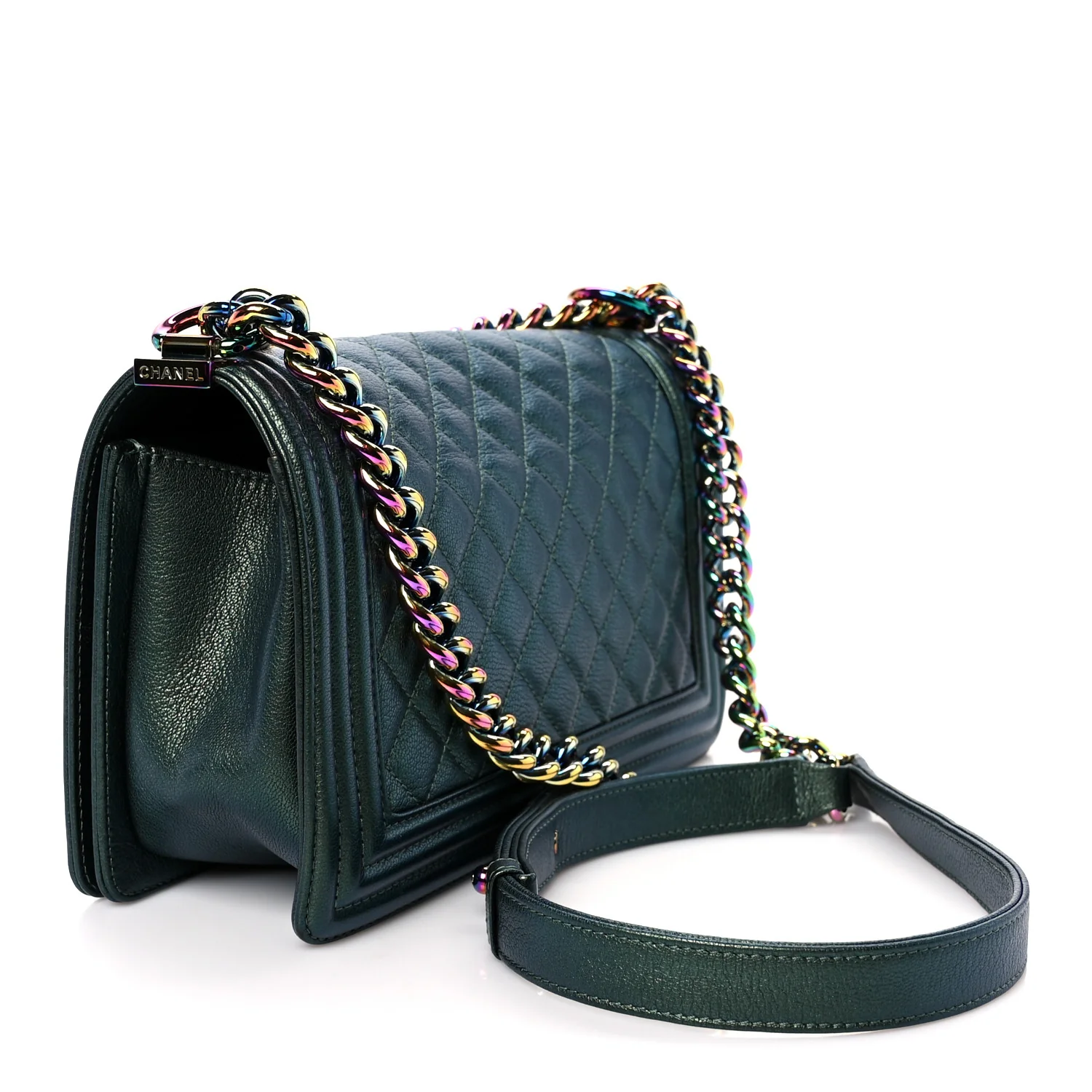 Iridescent Goatskin Quilted Medium Boy Flap Green - Image 3