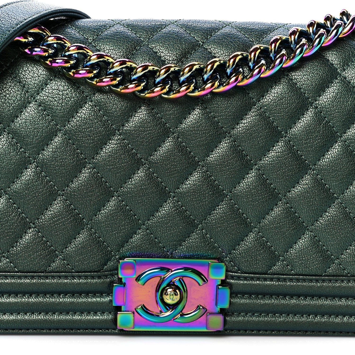 Iridescent Goatskin Quilted Medium Boy Flap Green - Image 8