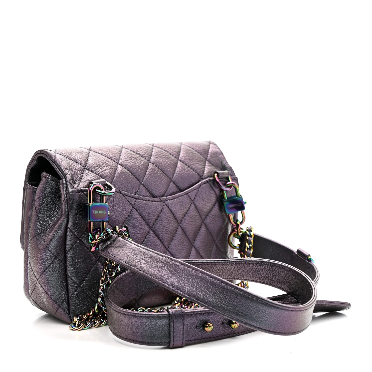 Iridescent Goatskin Quilted Small Double Carry Waist Chain Flap Purple - Image 3