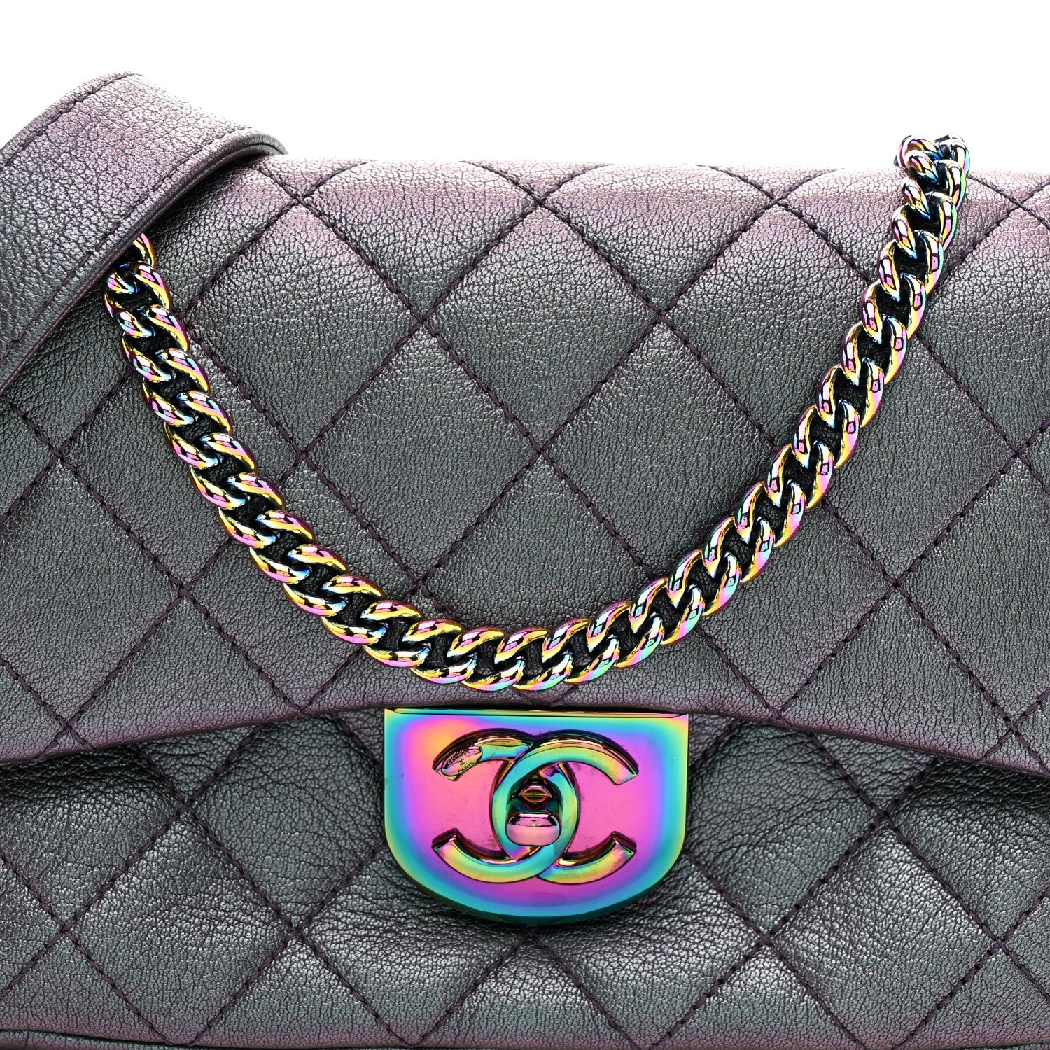 Iridescent Goatskin Quilted Small Double Carry Waist Chain Flap Purple - Image 9