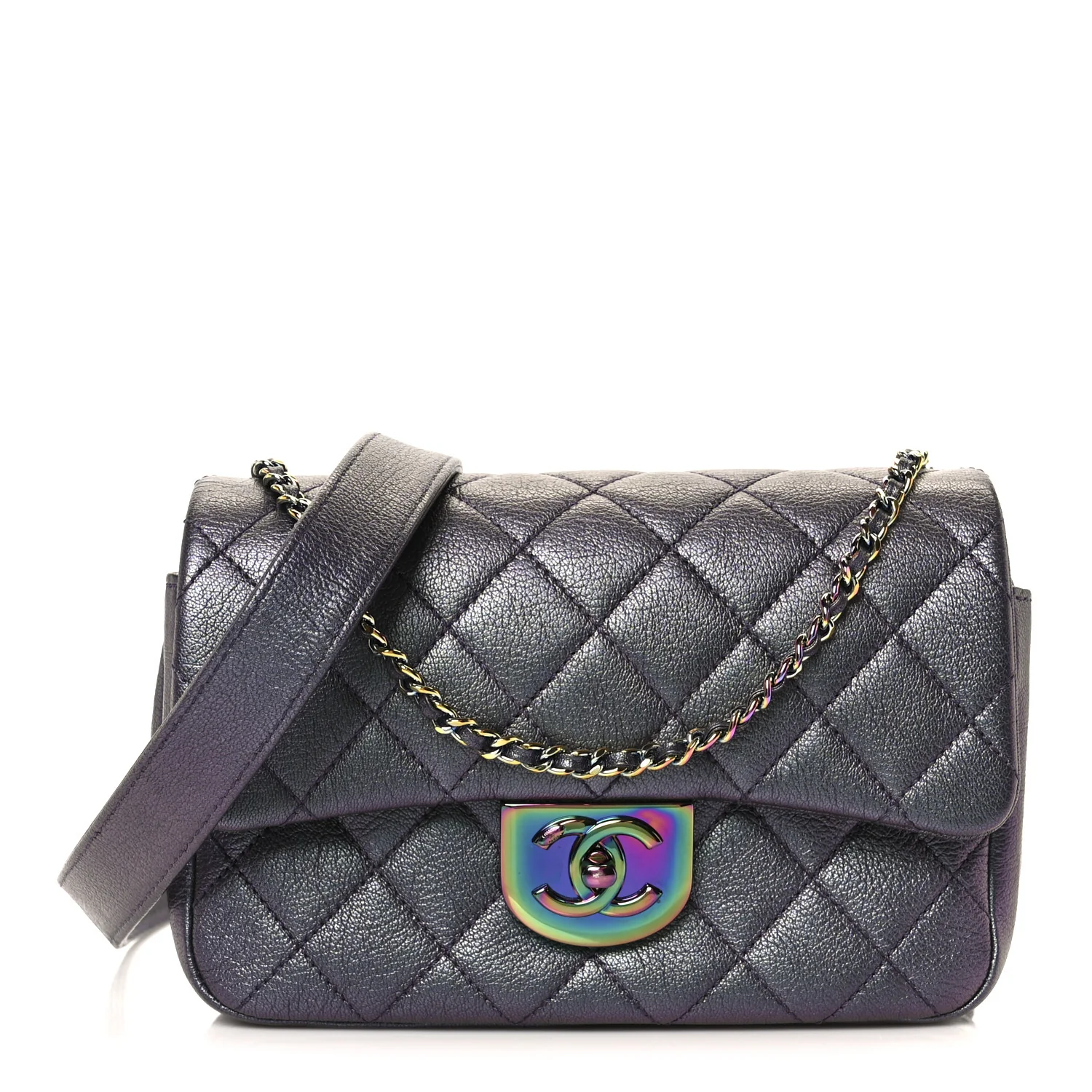Iridescent Goatskin Quilted Small Double Carry Waist Chain Flap Purple