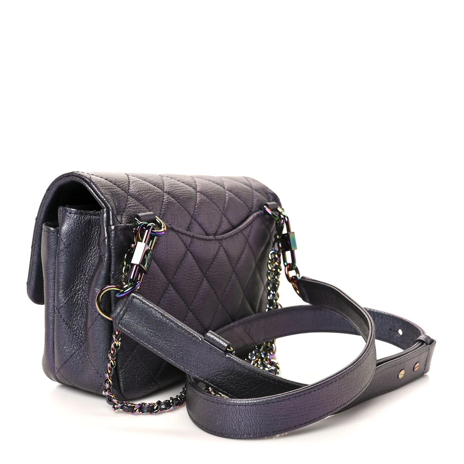 Iridescent Goatskin Quilted Small Double Carry Waist Chain Flap Purple - Image 3