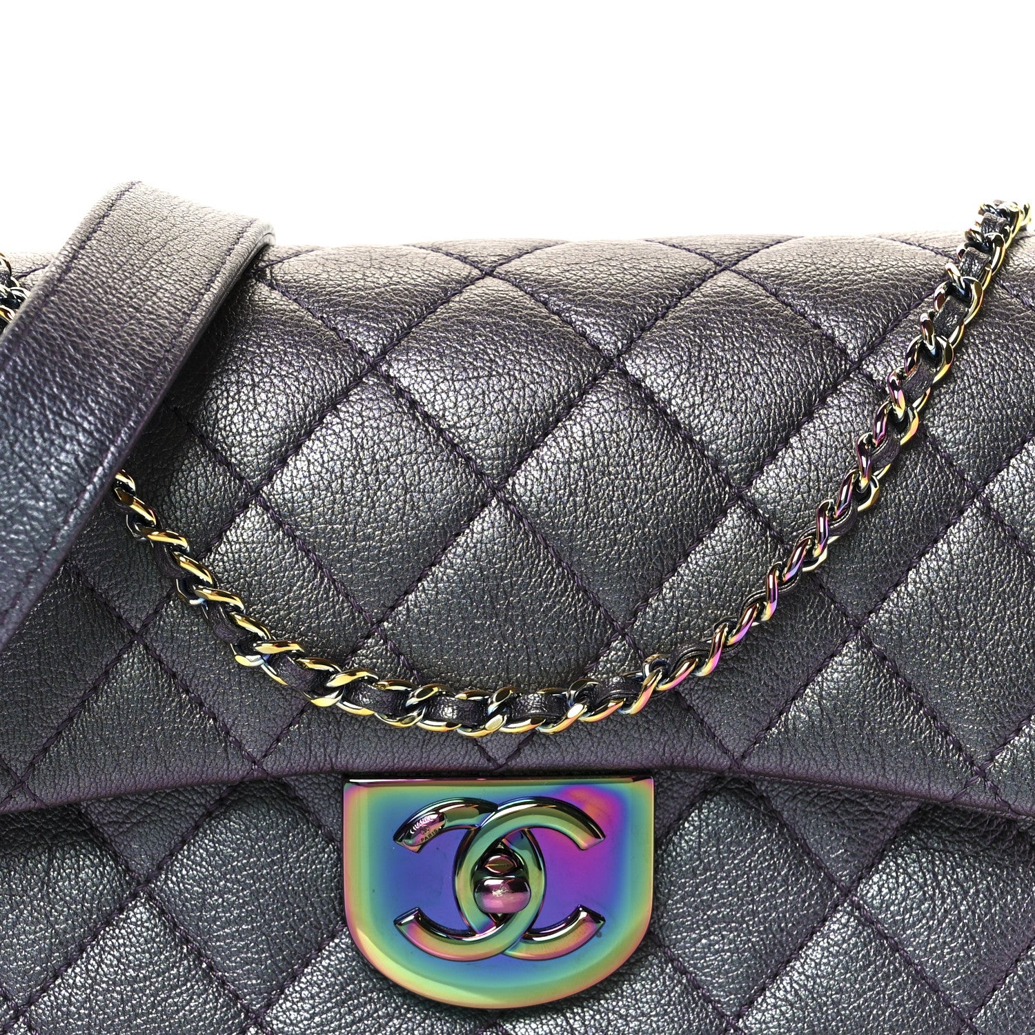 Iridescent Goatskin Quilted Small Double Carry Waist Chain Flap Purple - Image 8