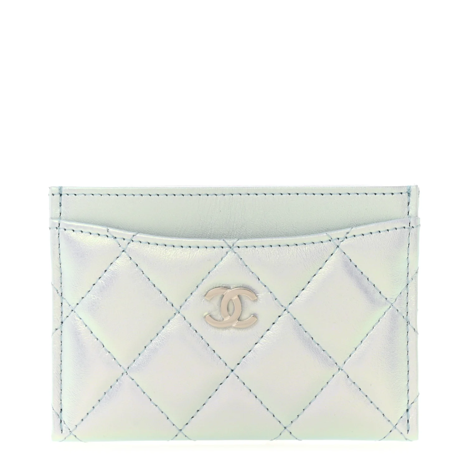 Iridescent Lambskin Quilted Card Holder Light Blue