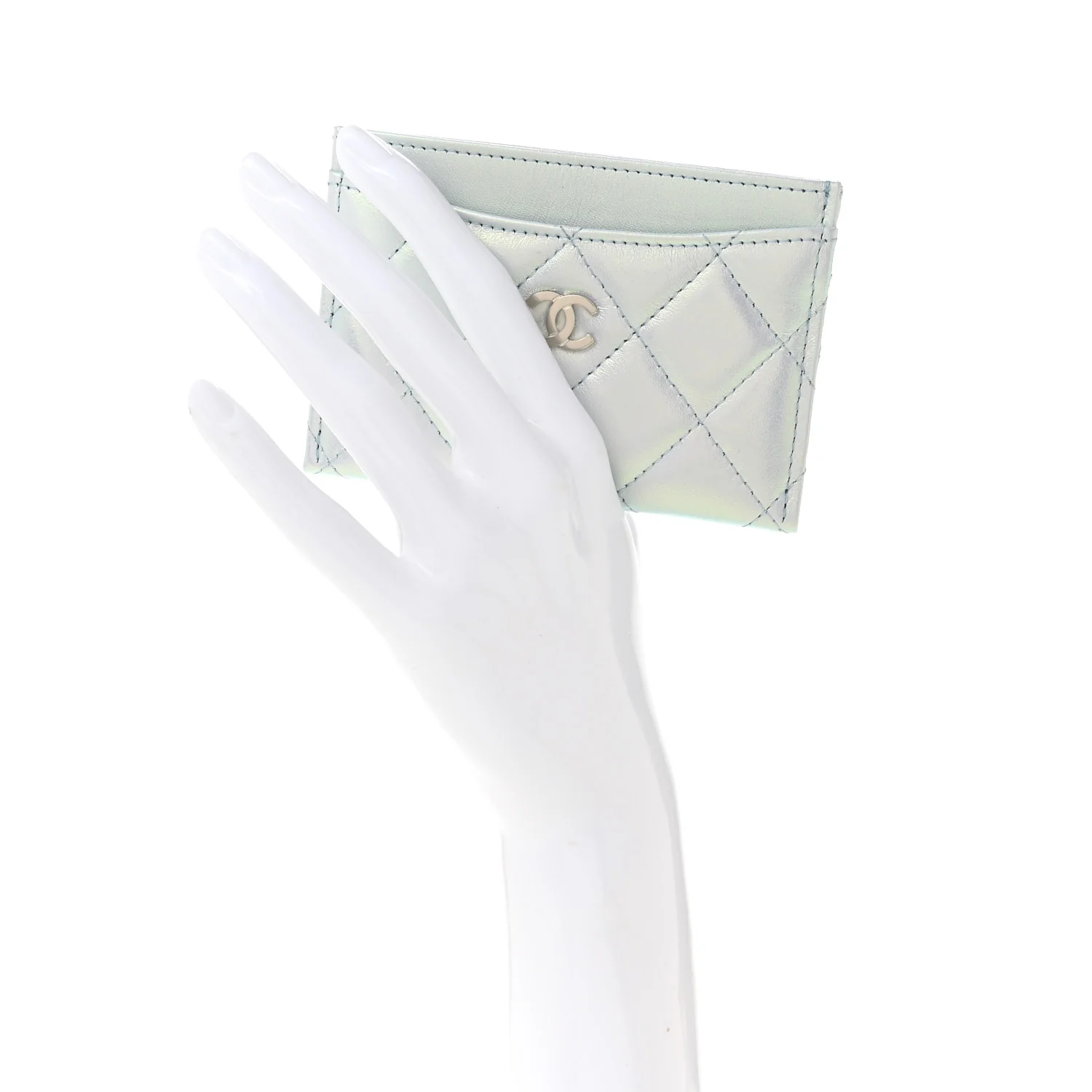 Iridescent Lambskin Quilted Card Holder Light Blue - Image 2