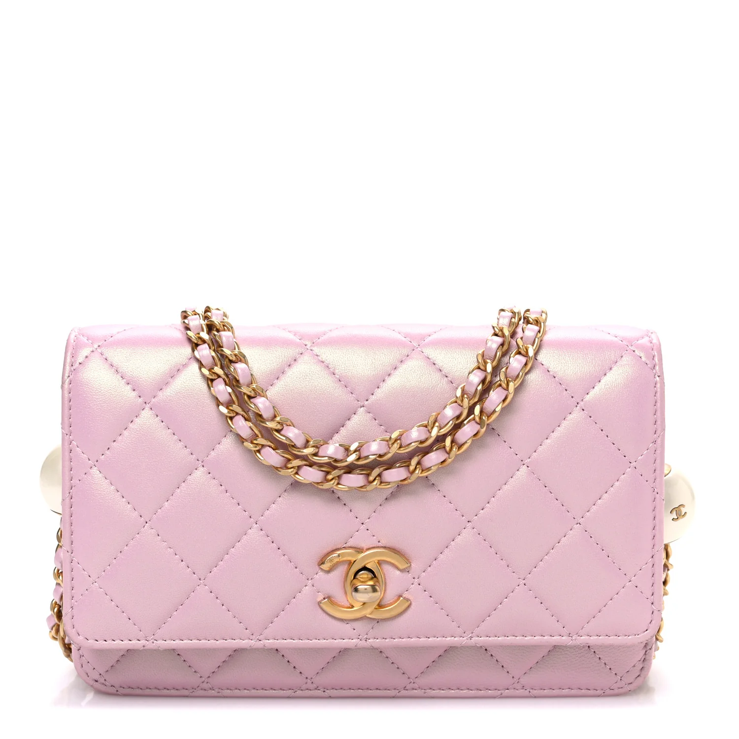 Iridescent Lambskin Quilted CC Pearl Wallet on Chain WOC Pink
