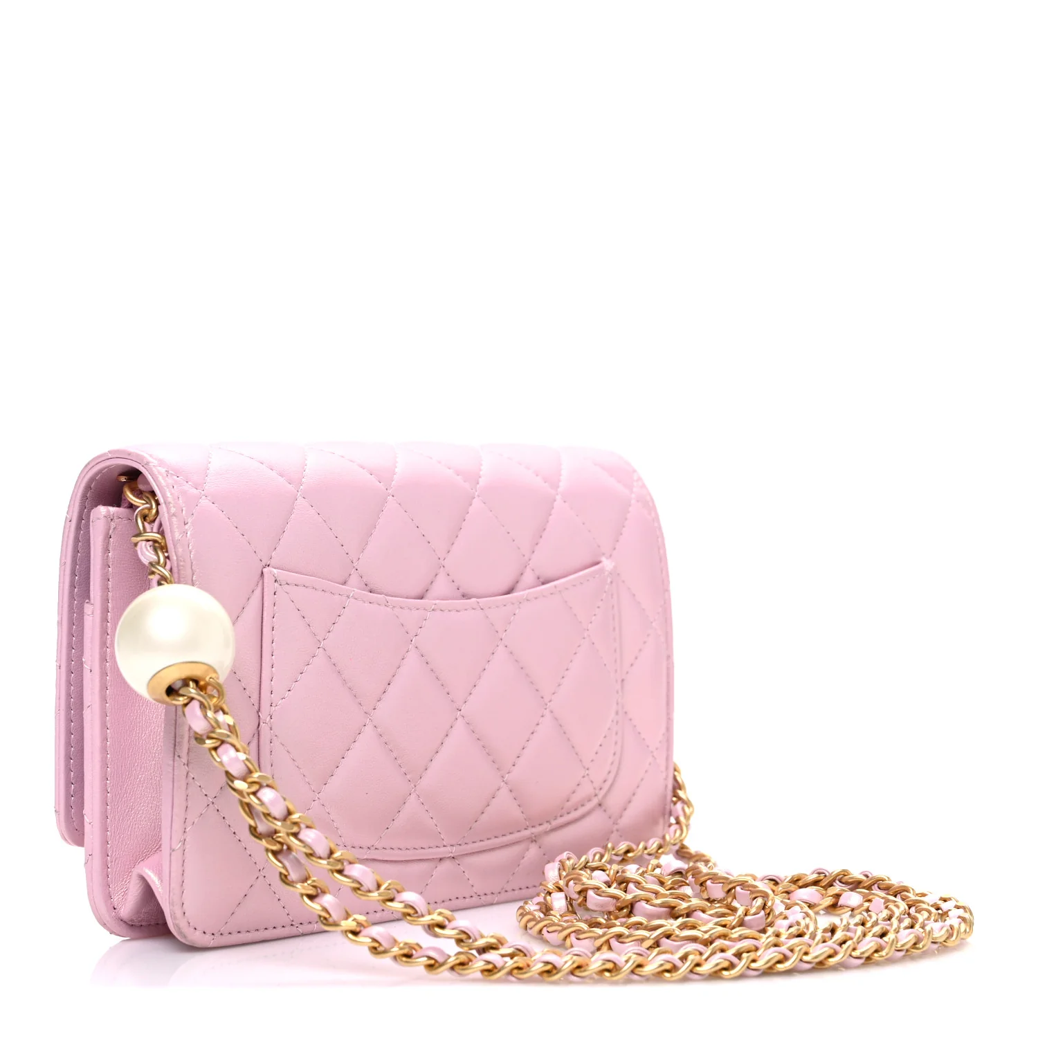 Iridescent Lambskin Quilted CC Pearl Wallet on Chain WOC Pink - Image 3
