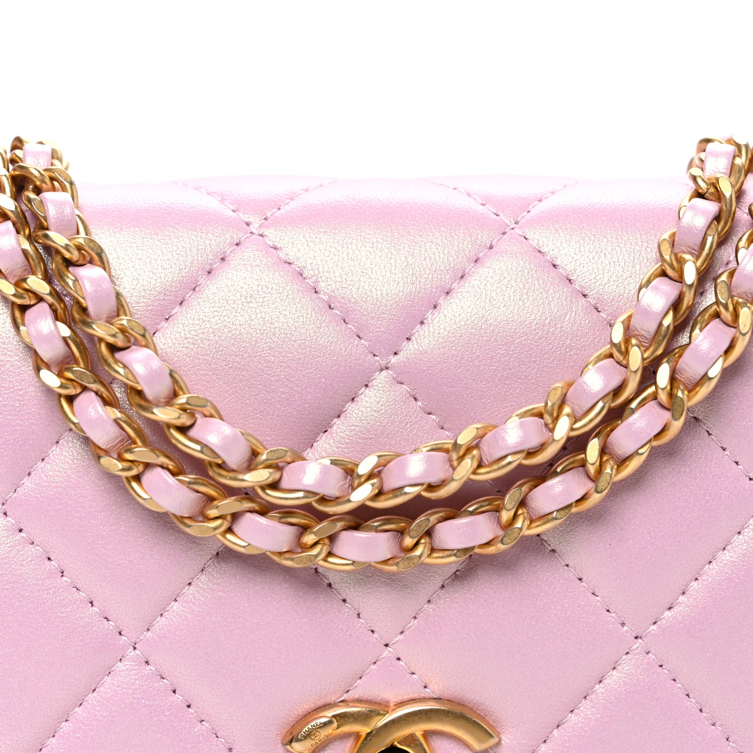 Iridescent Lambskin Quilted CC Pearl Wallet on Chain WOC Pink - Image 9