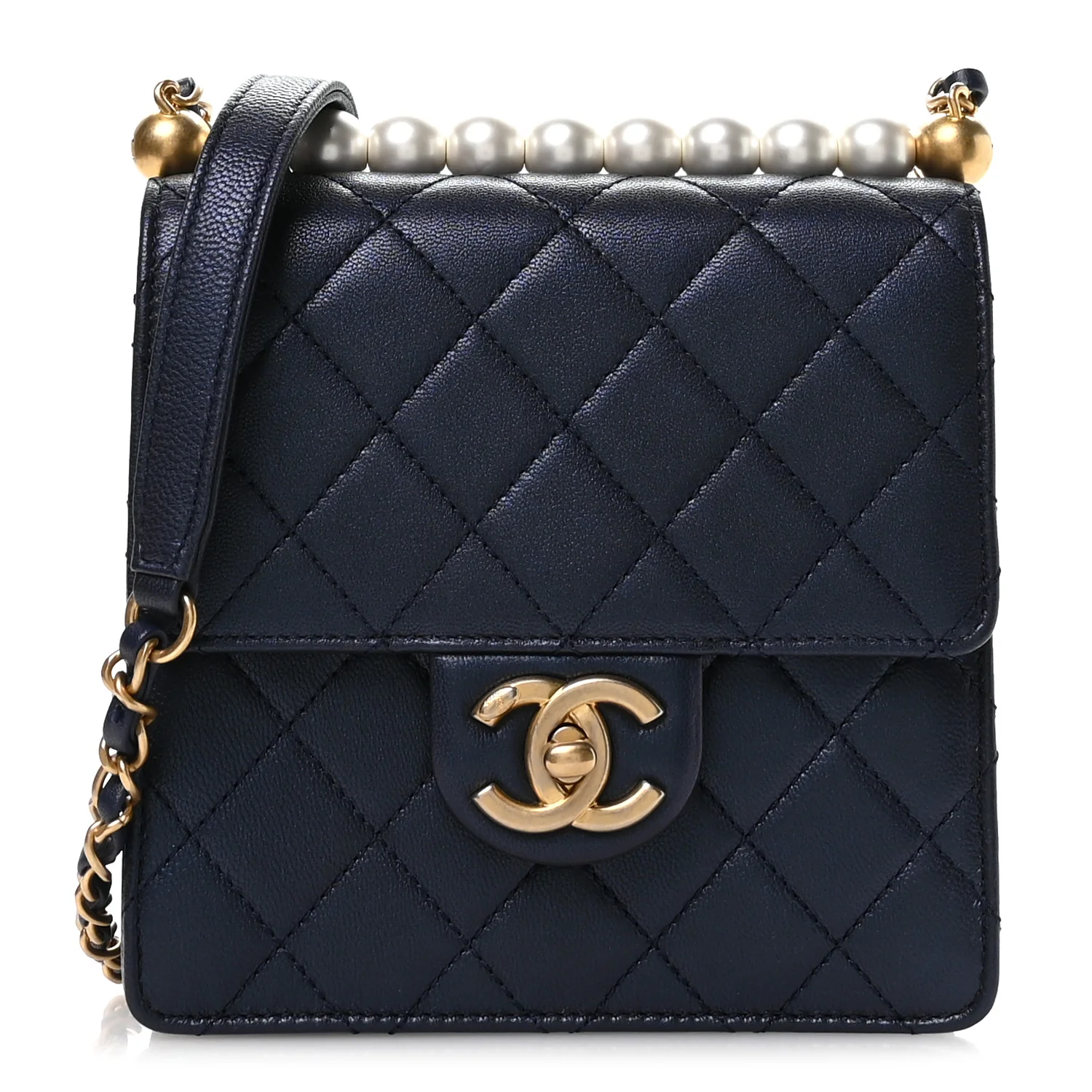 Iridescent Lambskin Quilted Chic Pearls Flap Navy Blue