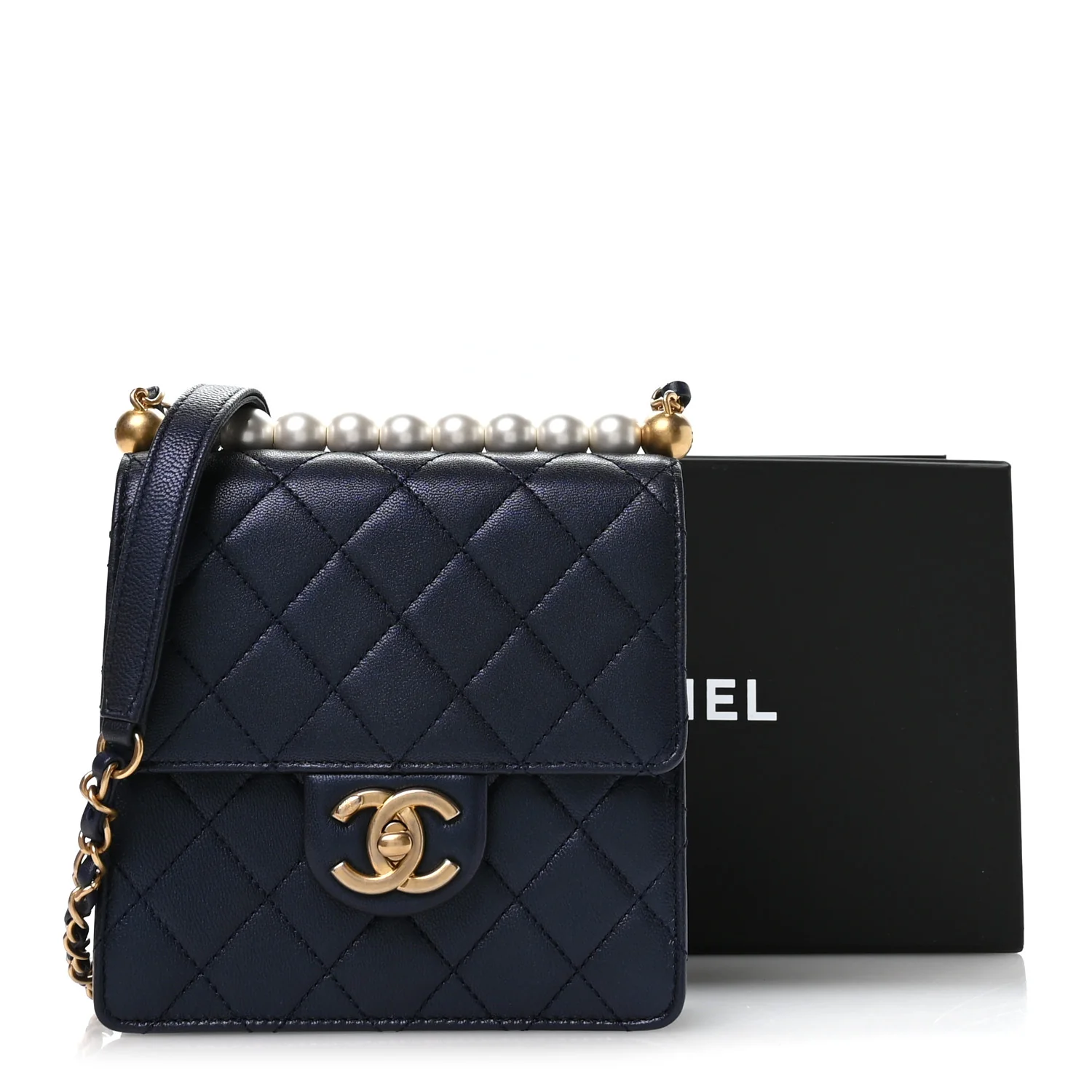 Iridescent Lambskin Quilted Chic Pearls Flap Navy Blue - Image 11