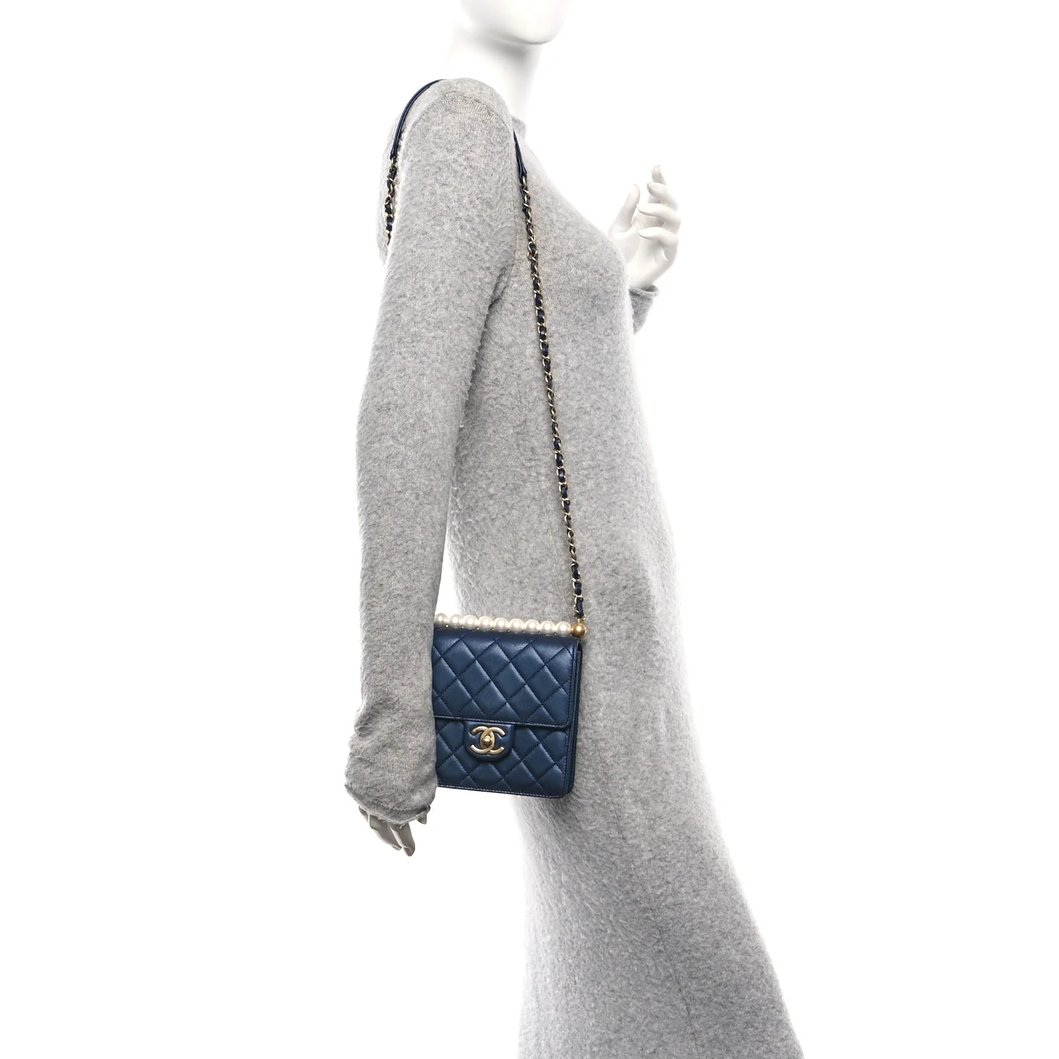 Iridescent Lambskin Quilted Chic Pearls Flap Navy Blue - Image 2
