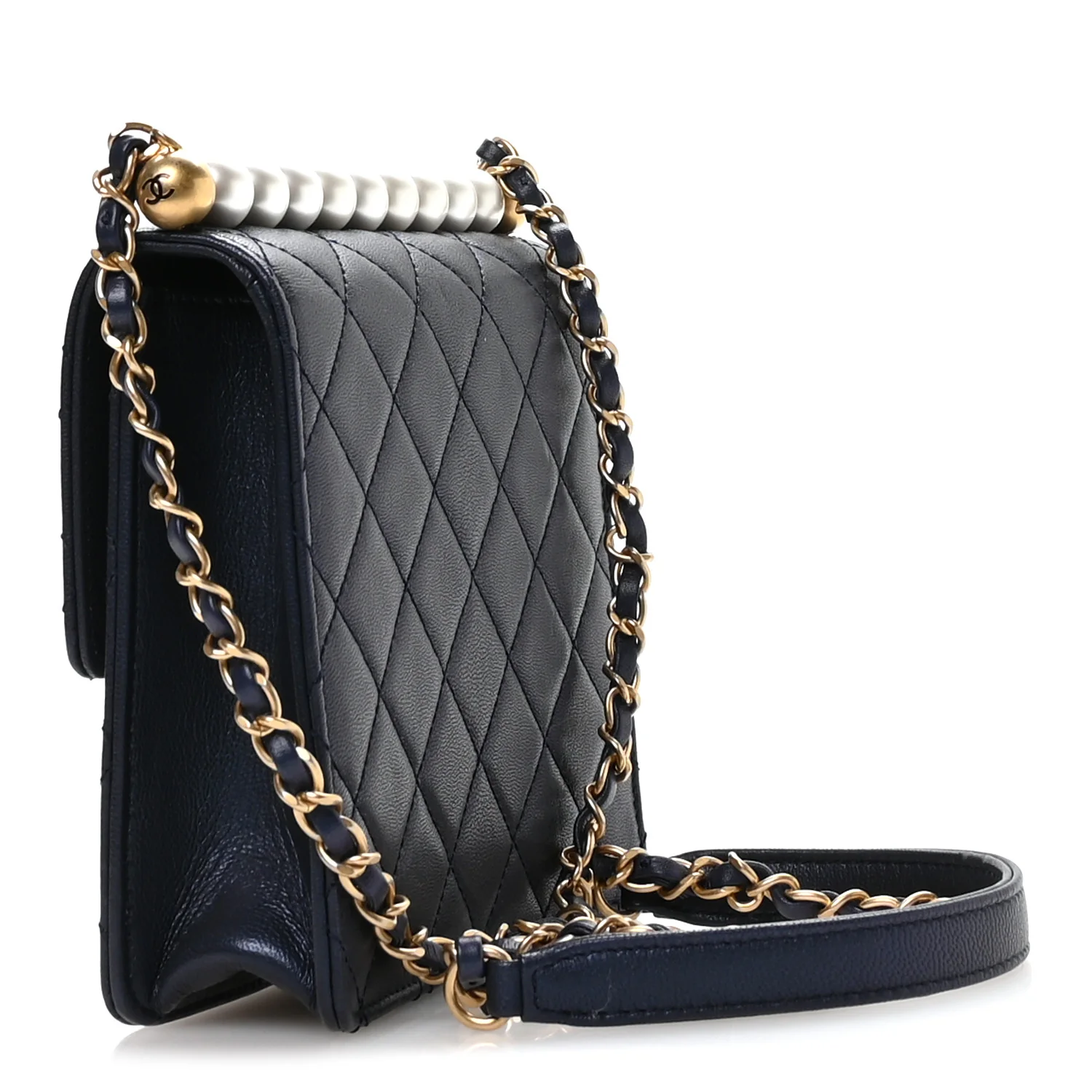 Iridescent Lambskin Quilted Chic Pearls Flap Navy Blue - Image 3
