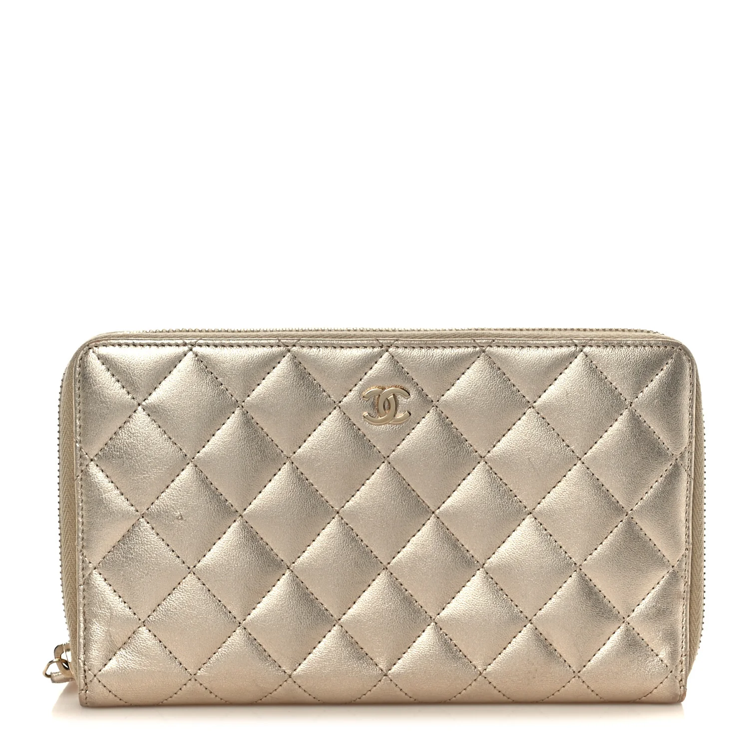 Iridescent Lambskin Quilted Large Zip Around Organizer Wallet Light Gold
