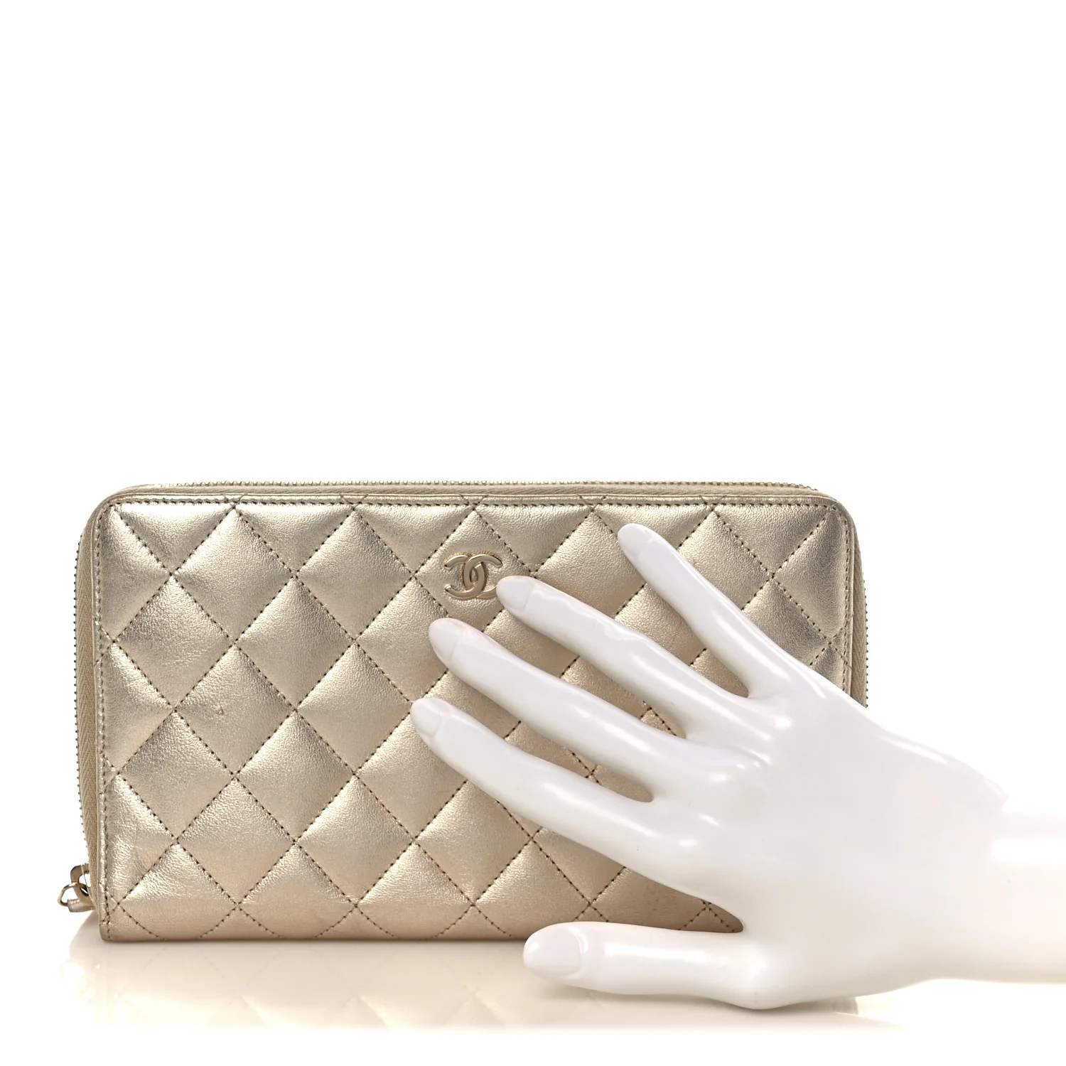 Iridescent Lambskin Quilted Large Zip Around Organizer Wallet Light Gold - Image 2