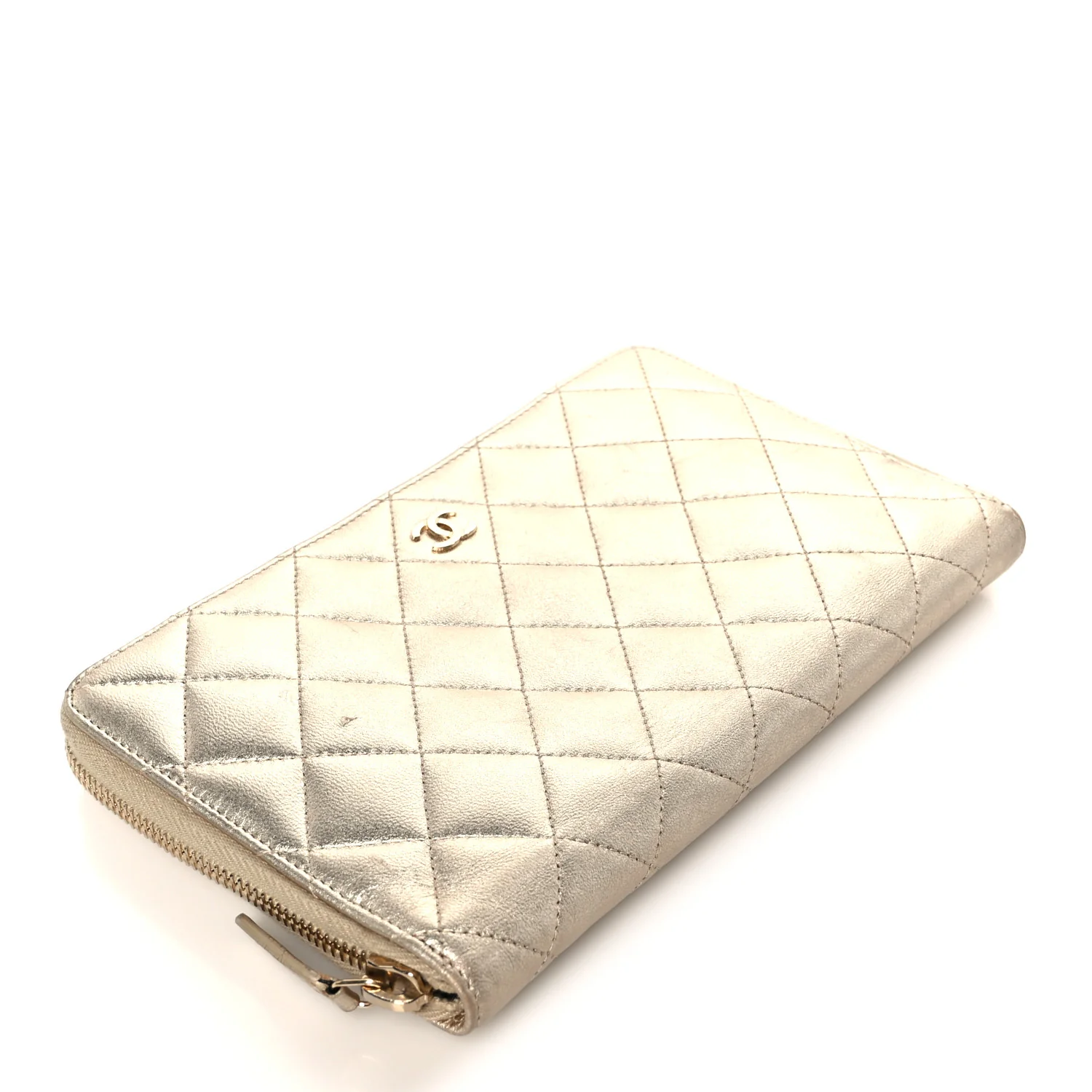 Iridescent Lambskin Quilted Large Zip Around Organizer Wallet Light Gold - Image 4