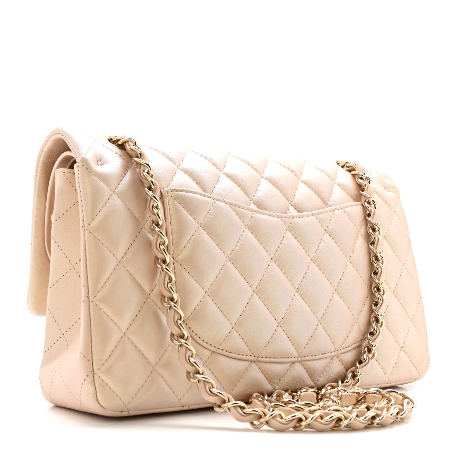 Iridescent Lambskin Quilted Medium Double Flap Beige - Image 3
