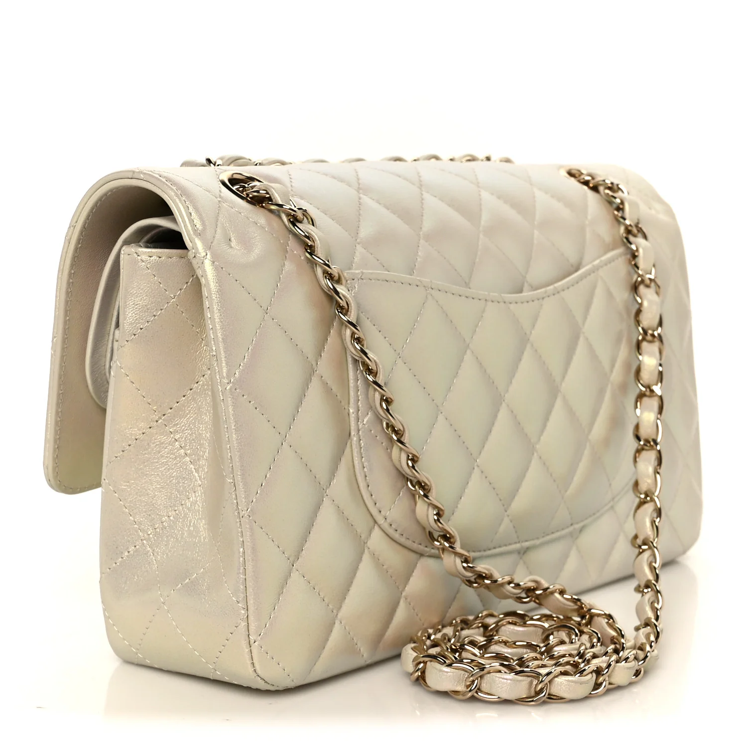 Iridescent Lambskin Quilted Medium Double Flap Ivory - Image 3