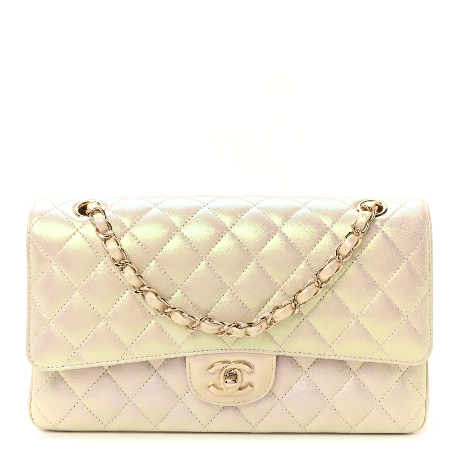 Iridescent Lambskin Quilted Medium Double Flap Ivory